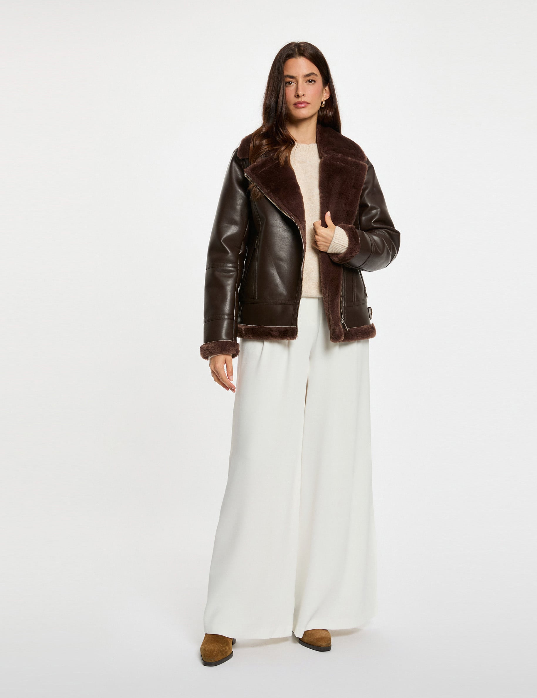 Blouson oversize similicuir marron fonc&eacute; femme