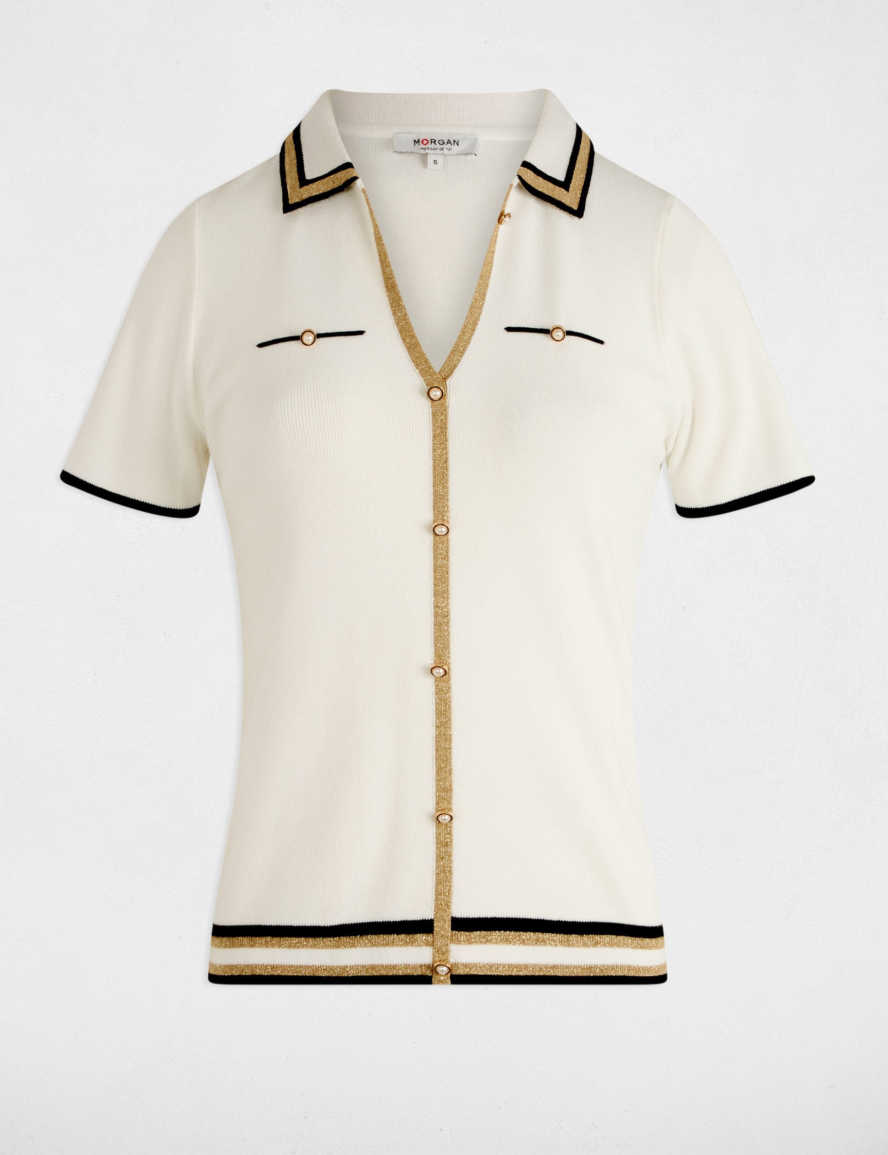 Pull col polo manches courtes blanc femme