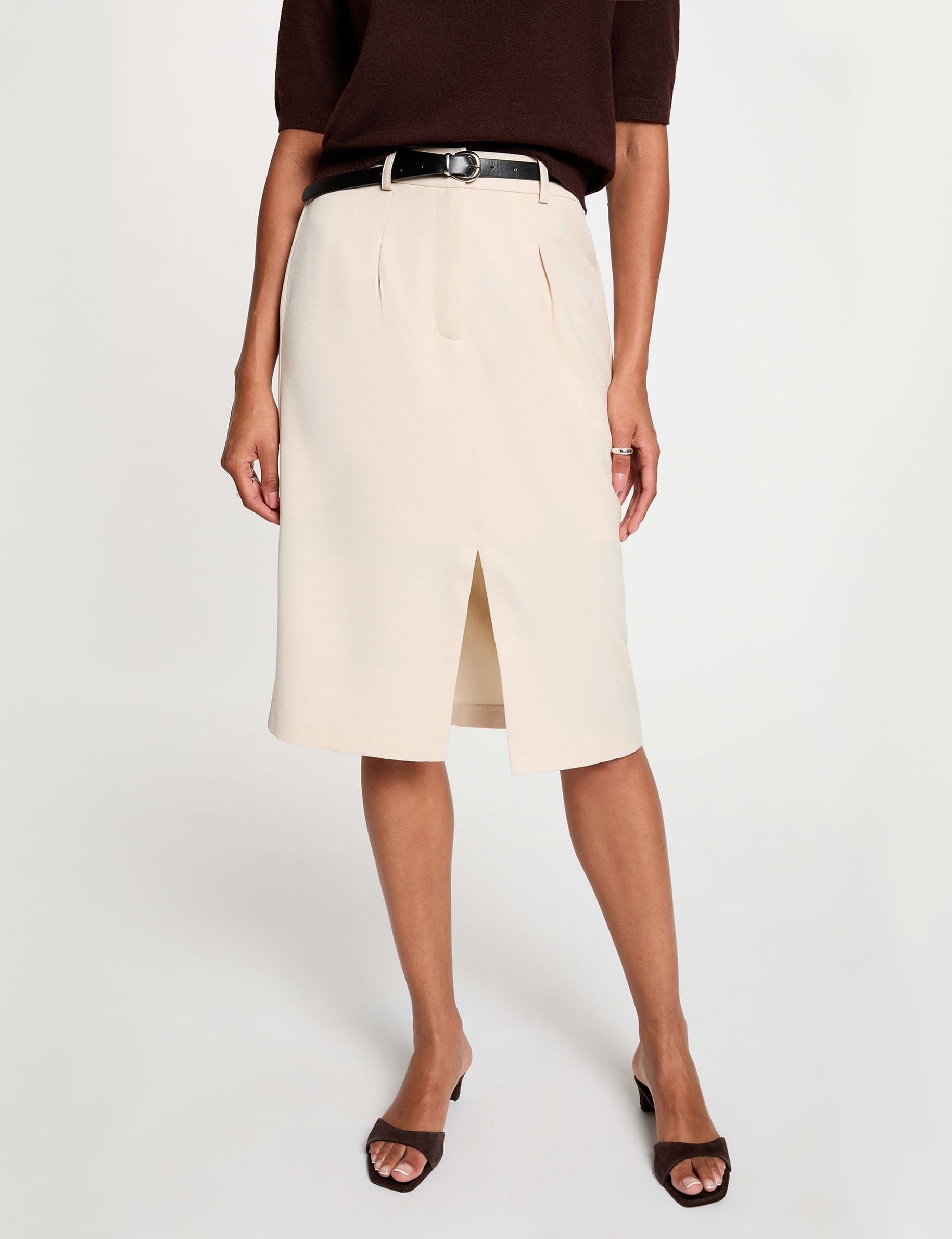 Jupe crayon taille haute beige femme