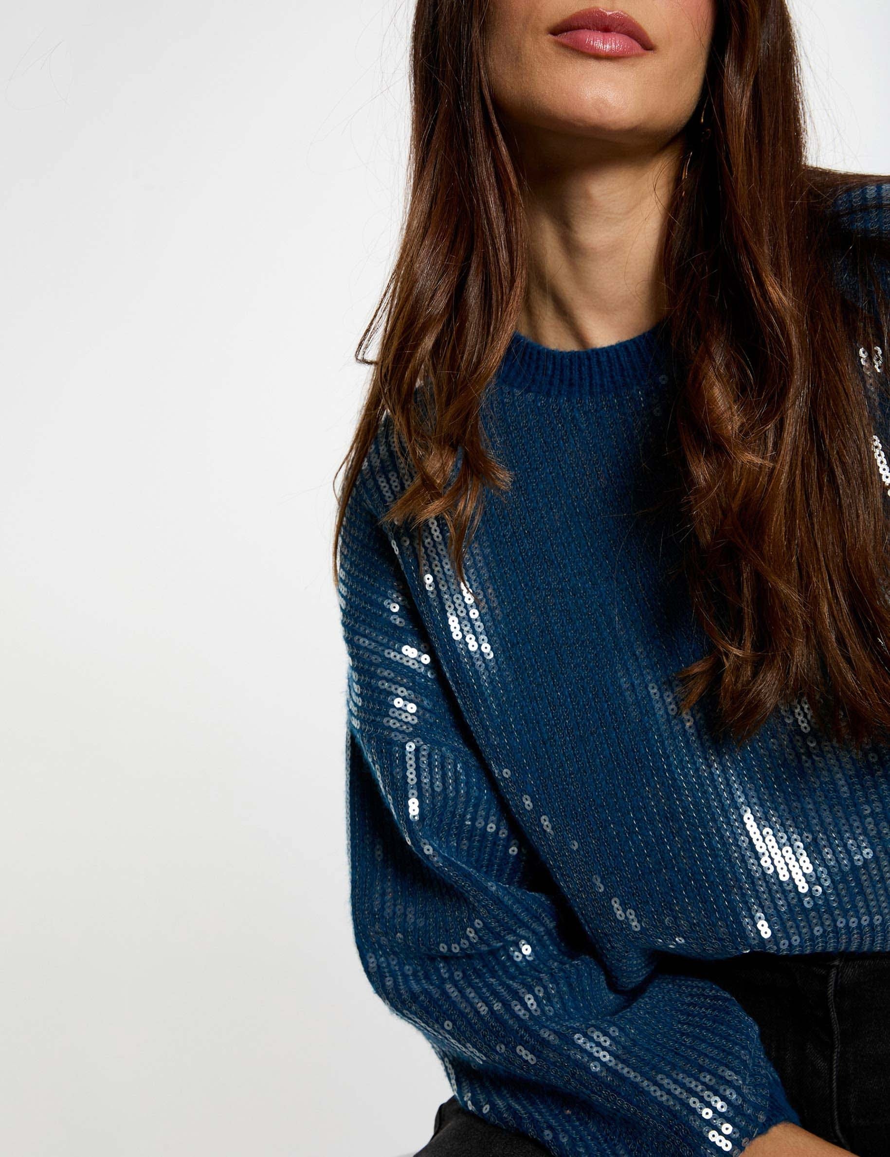 Pull sequins col rond bleu p&eacute;trole femme