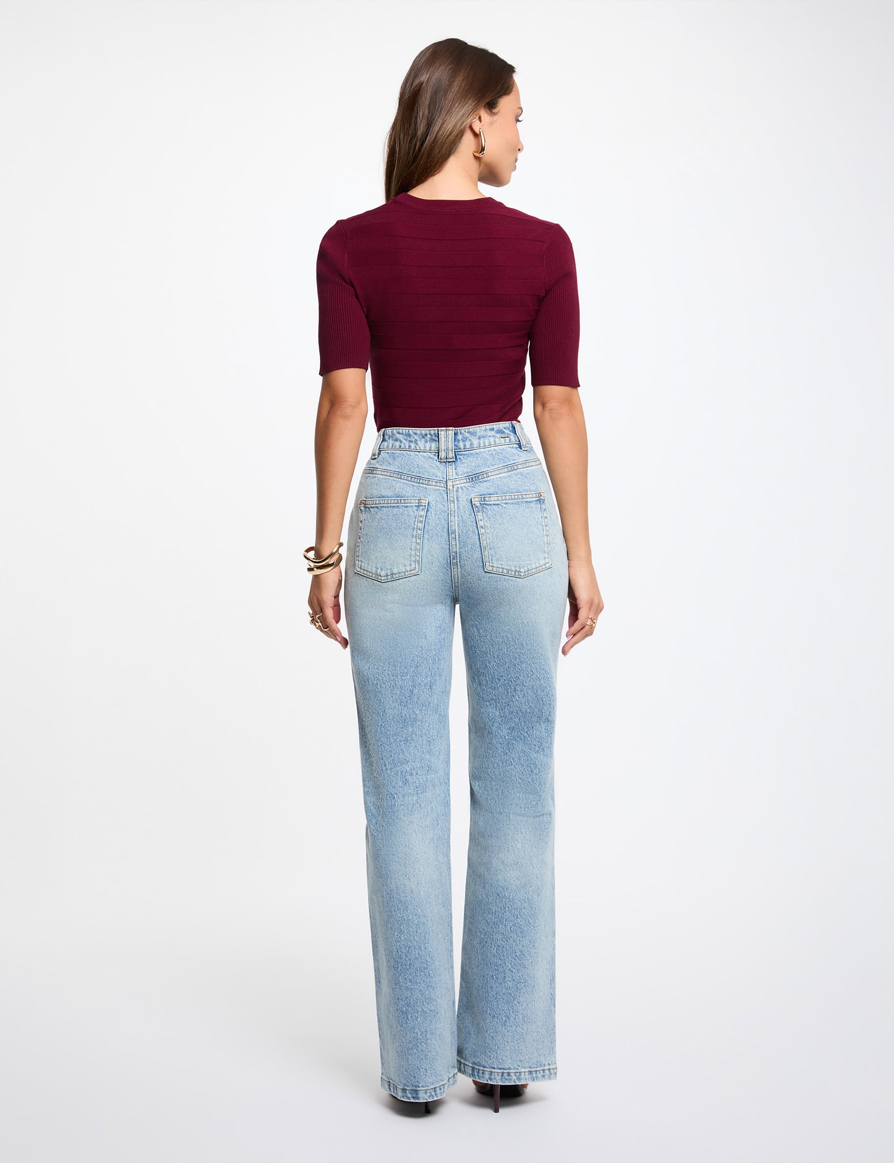 Pull col rond manches courtes bordeaux femme