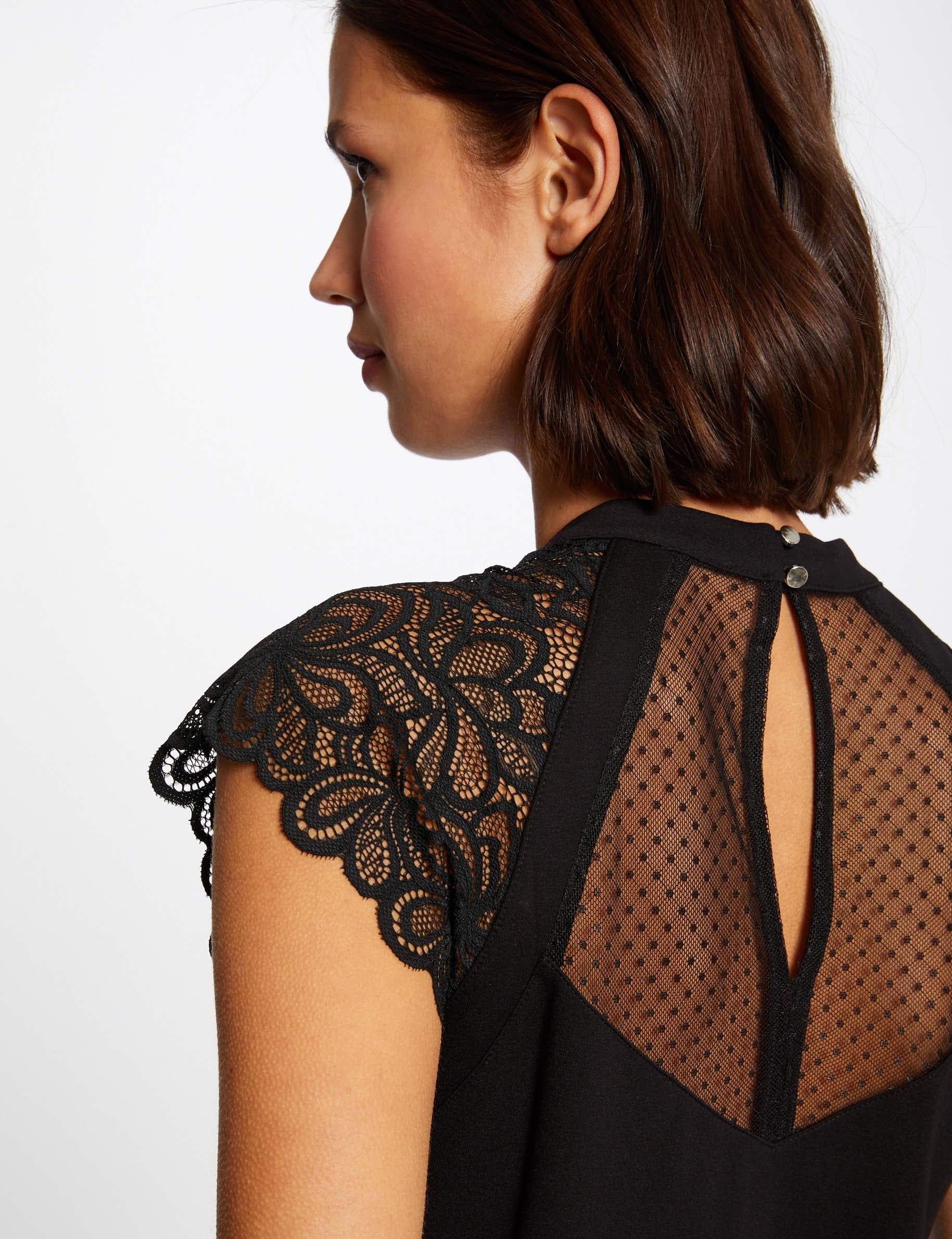 T-shirt manches courtes &agrave; dentelle noir femme