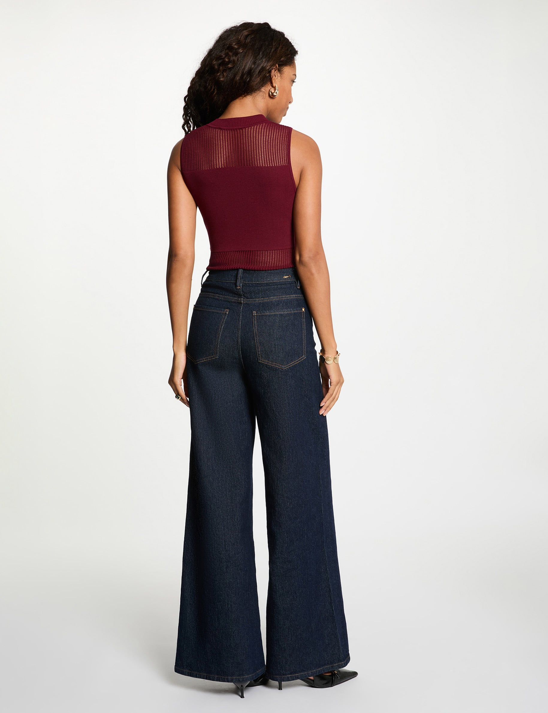 Top maille sans manches bordeaux femme
