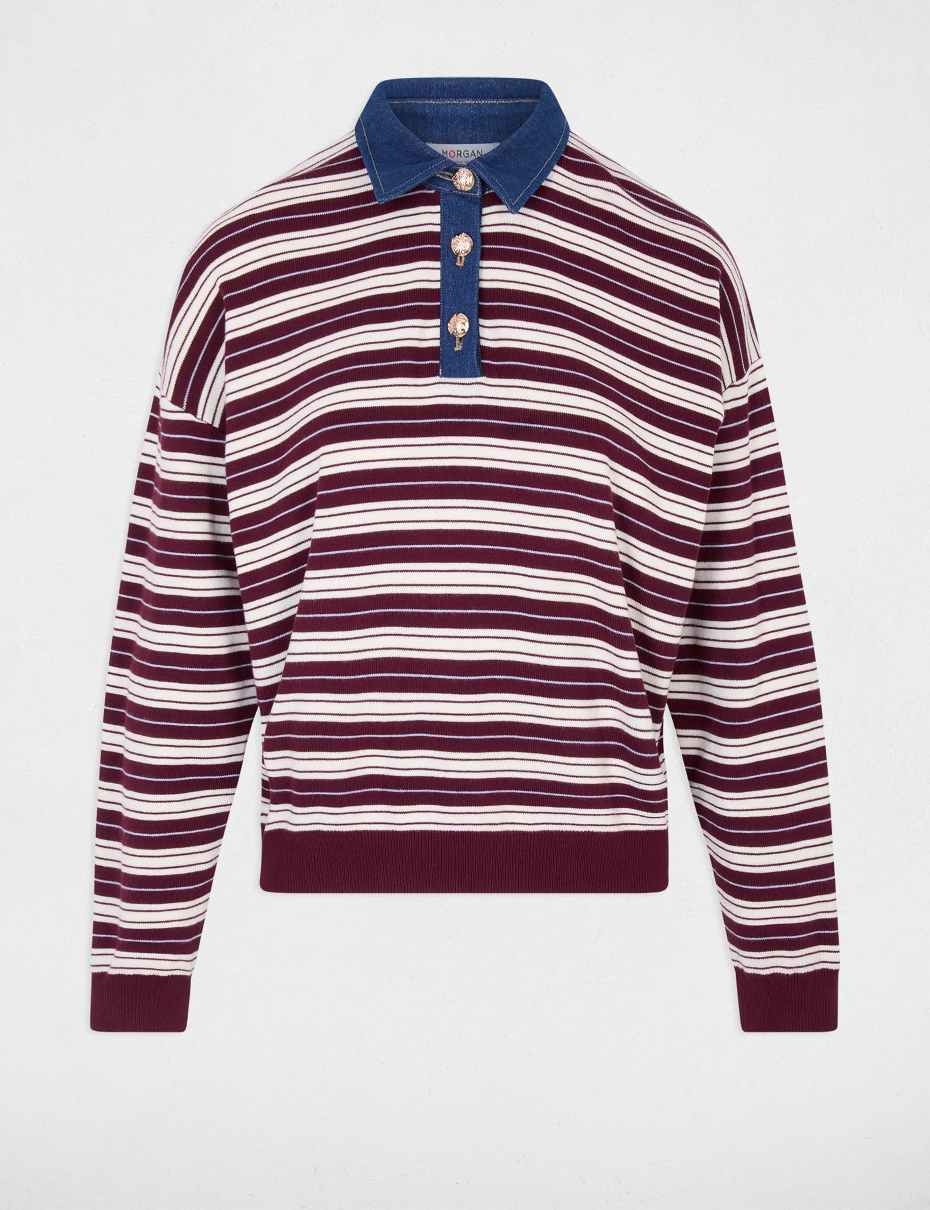 Pull ray&eacute; col &agrave; revers bordeaux femme