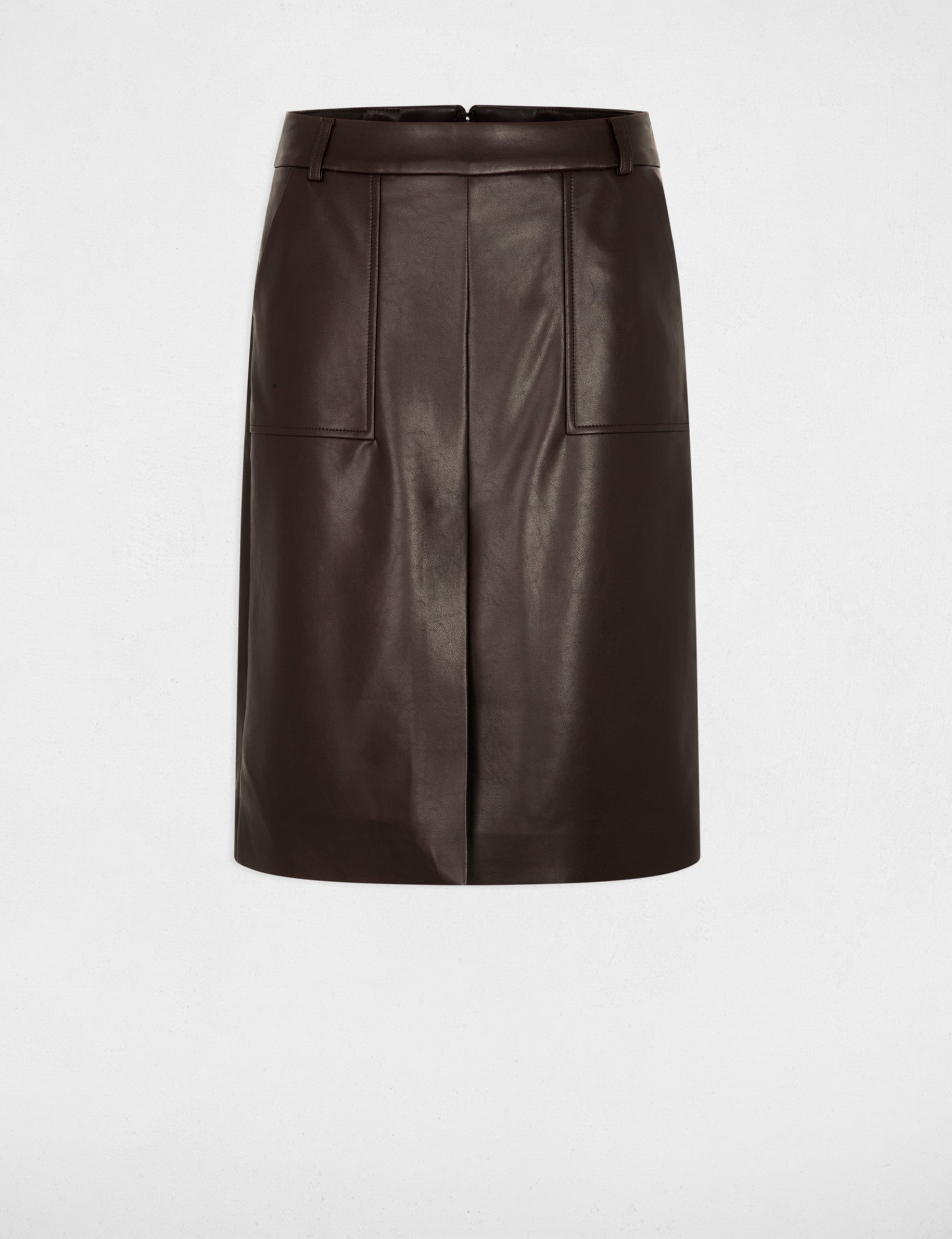 Jupe ajust&eacute;e simili cuir marron fonc&eacute; femme