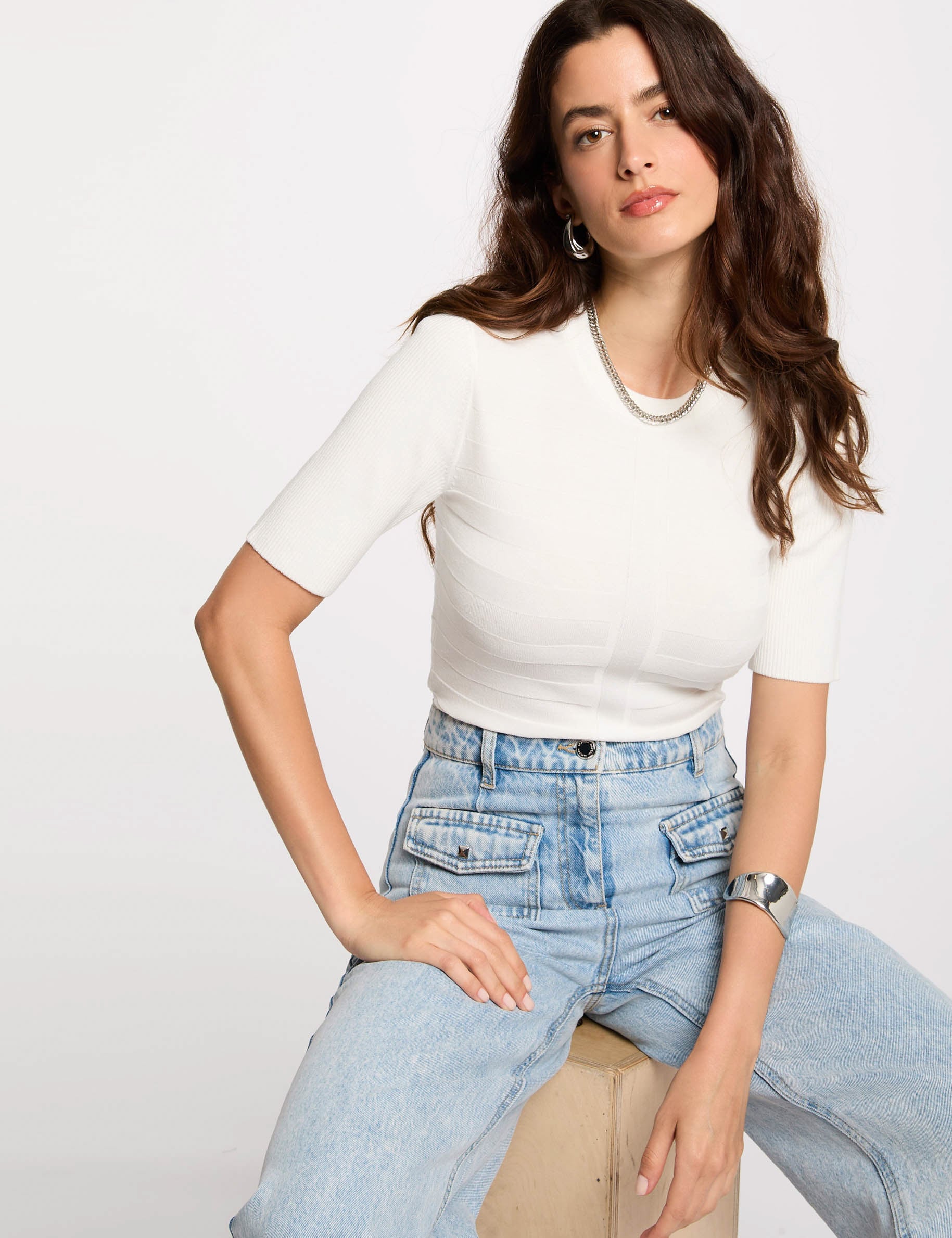 Pull col rond manches courtes ivoire femme