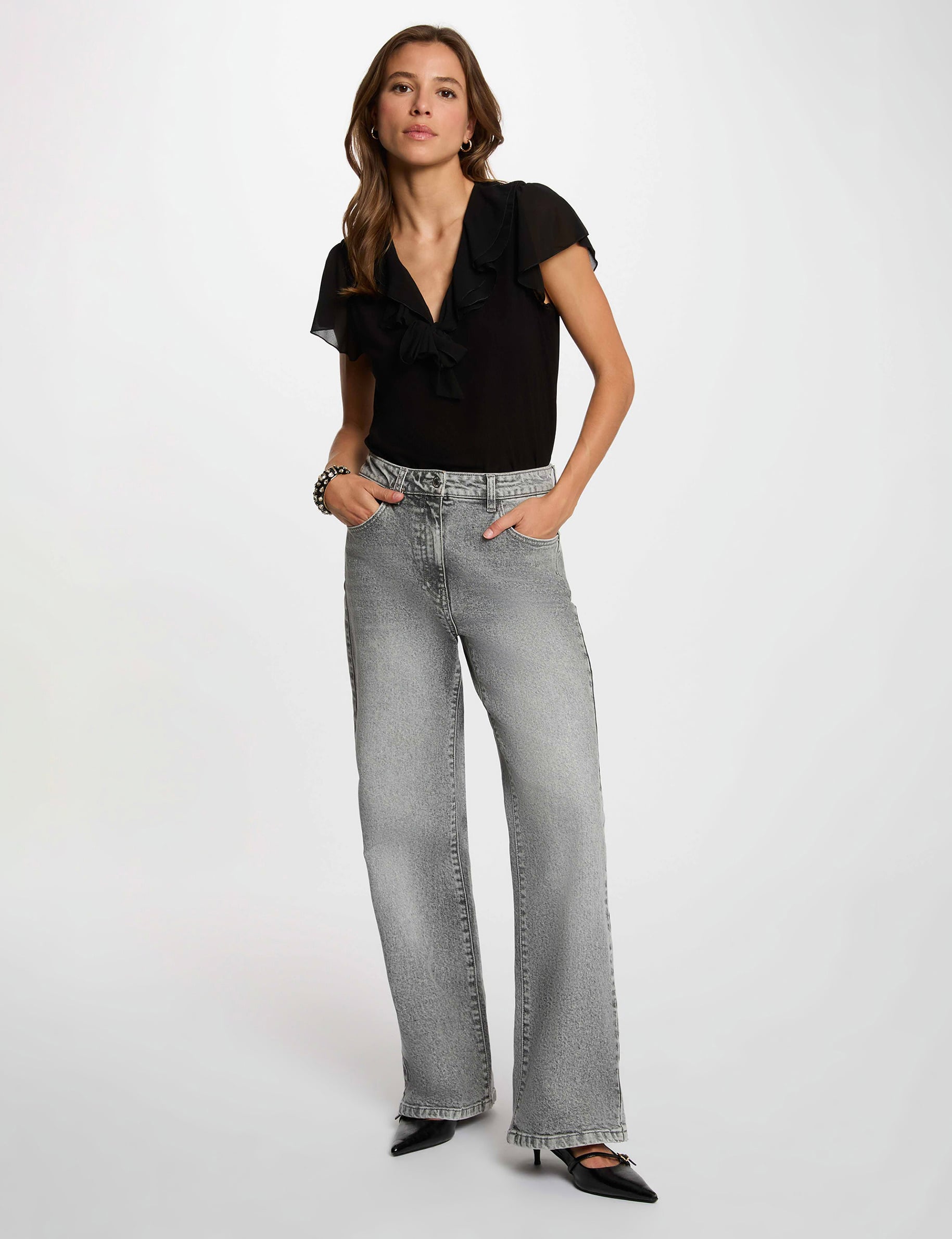 T-shirt col lavalli&egrave;re noir femme