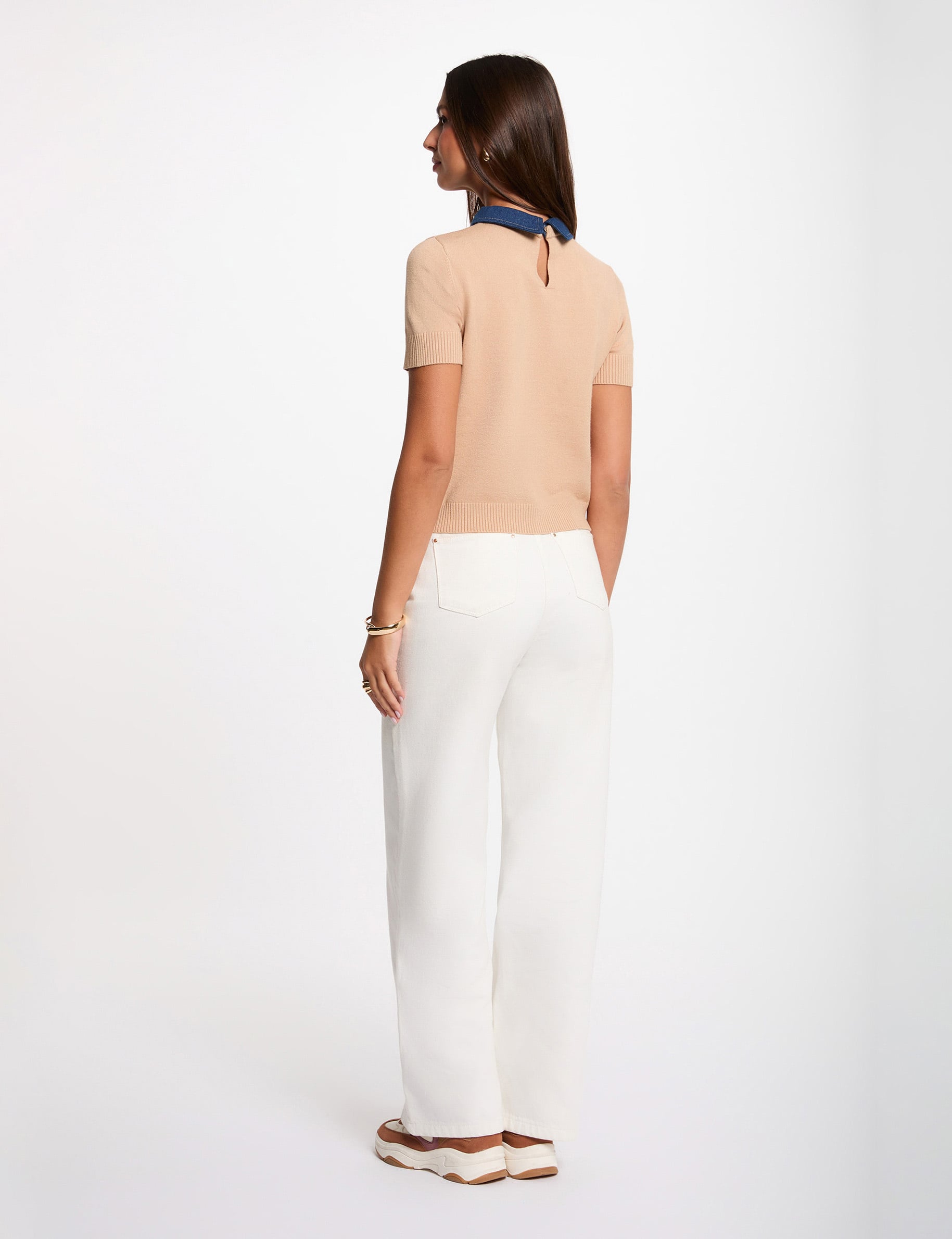 Pull col &agrave; revers camel femme