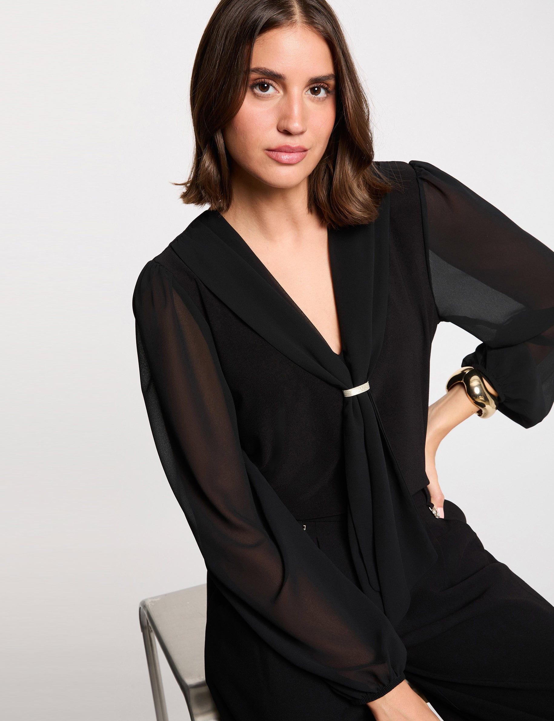 T-shirt voile col lavalli&egrave;re noir femme
