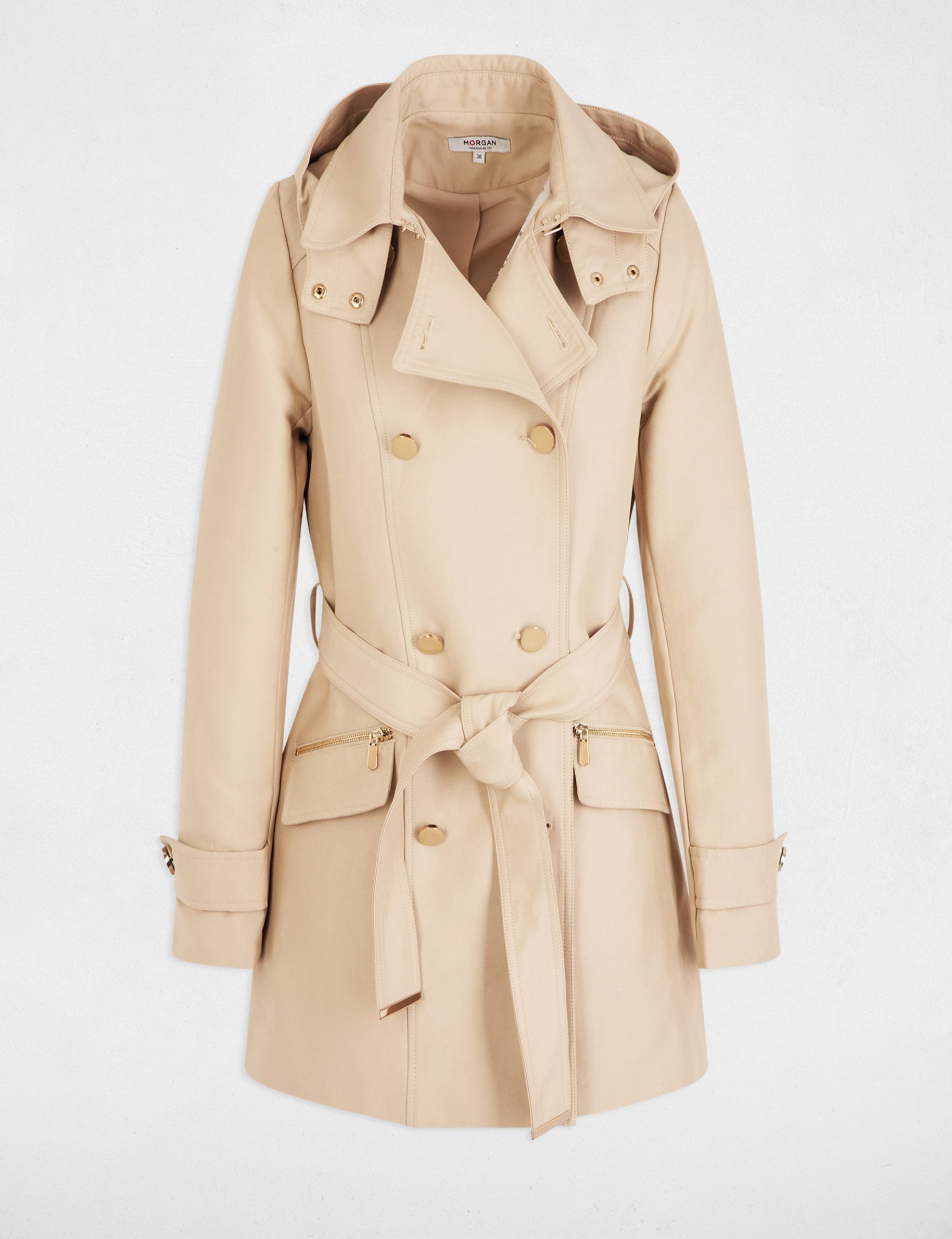 Trench cintr&eacute; ceintur&eacute; &agrave; capuche sable femme