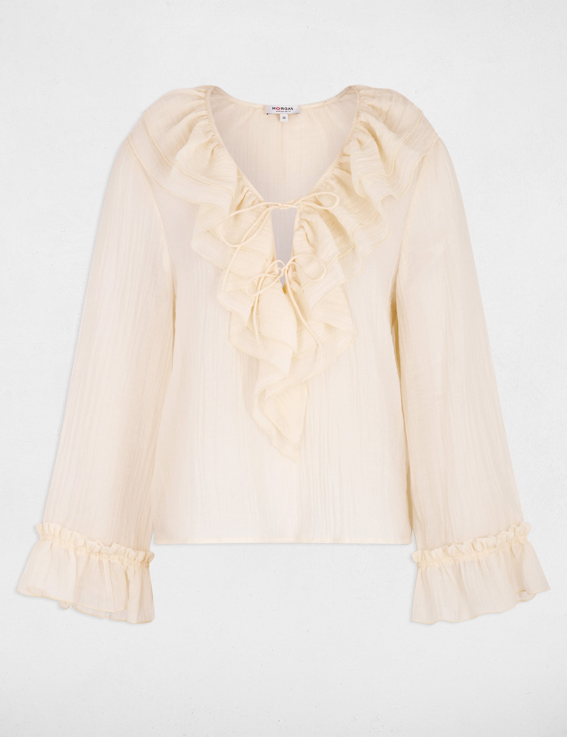 Chemise col v pliss&eacute;e ivoire femme