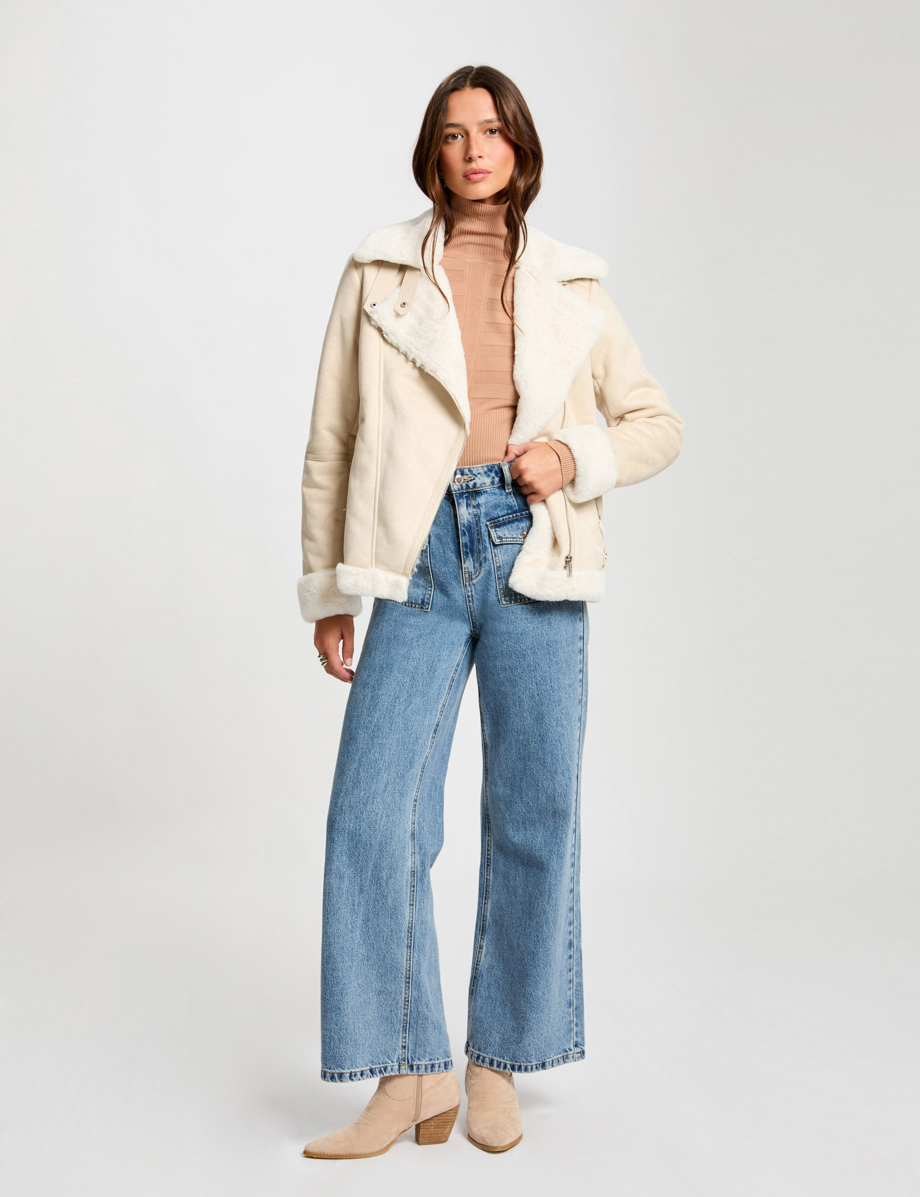 Blouson zipp&eacute; su&eacute;dine ivoire femme