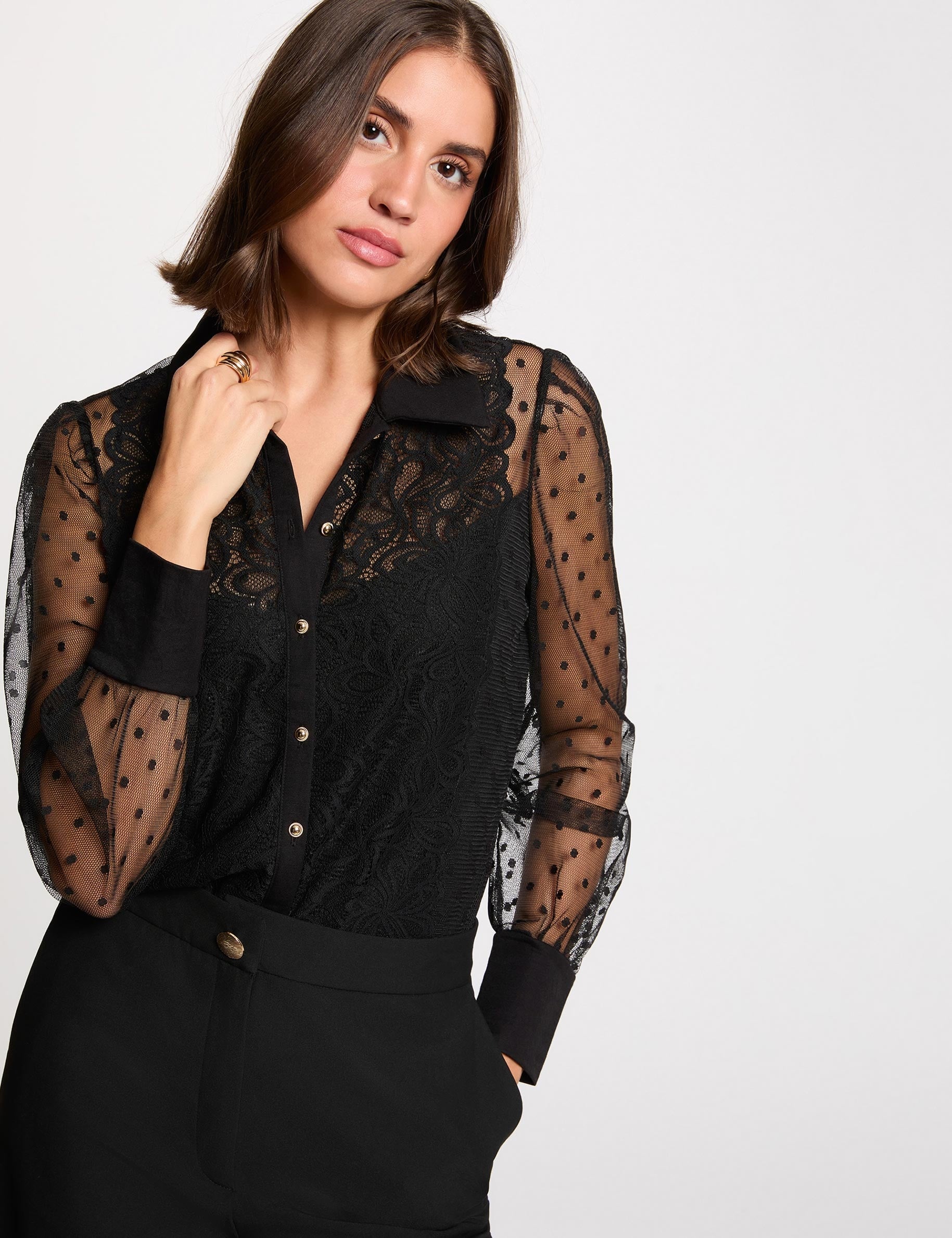 T-shirt dentelle manches longues noir femme