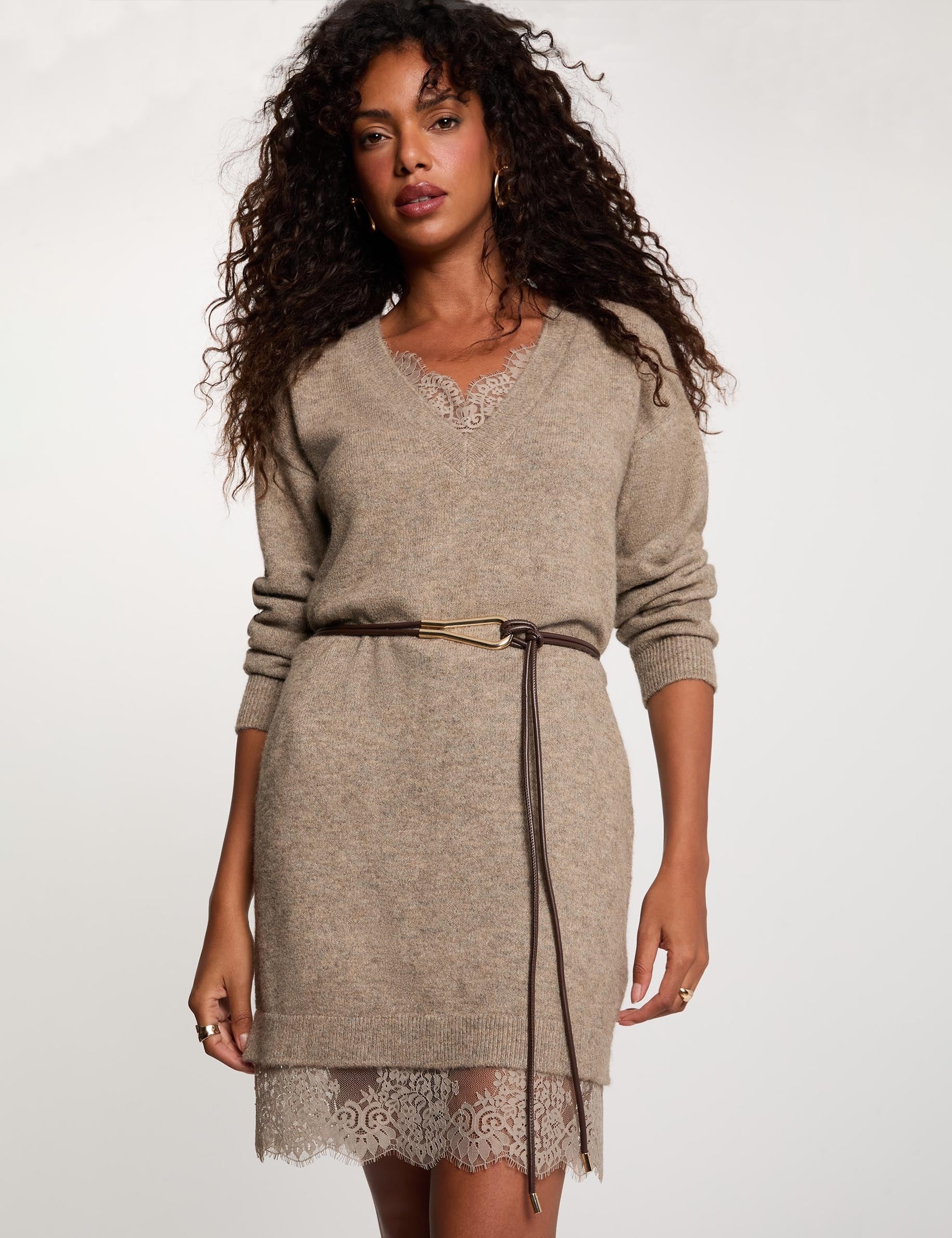 Robe tricot col v taupe femme
