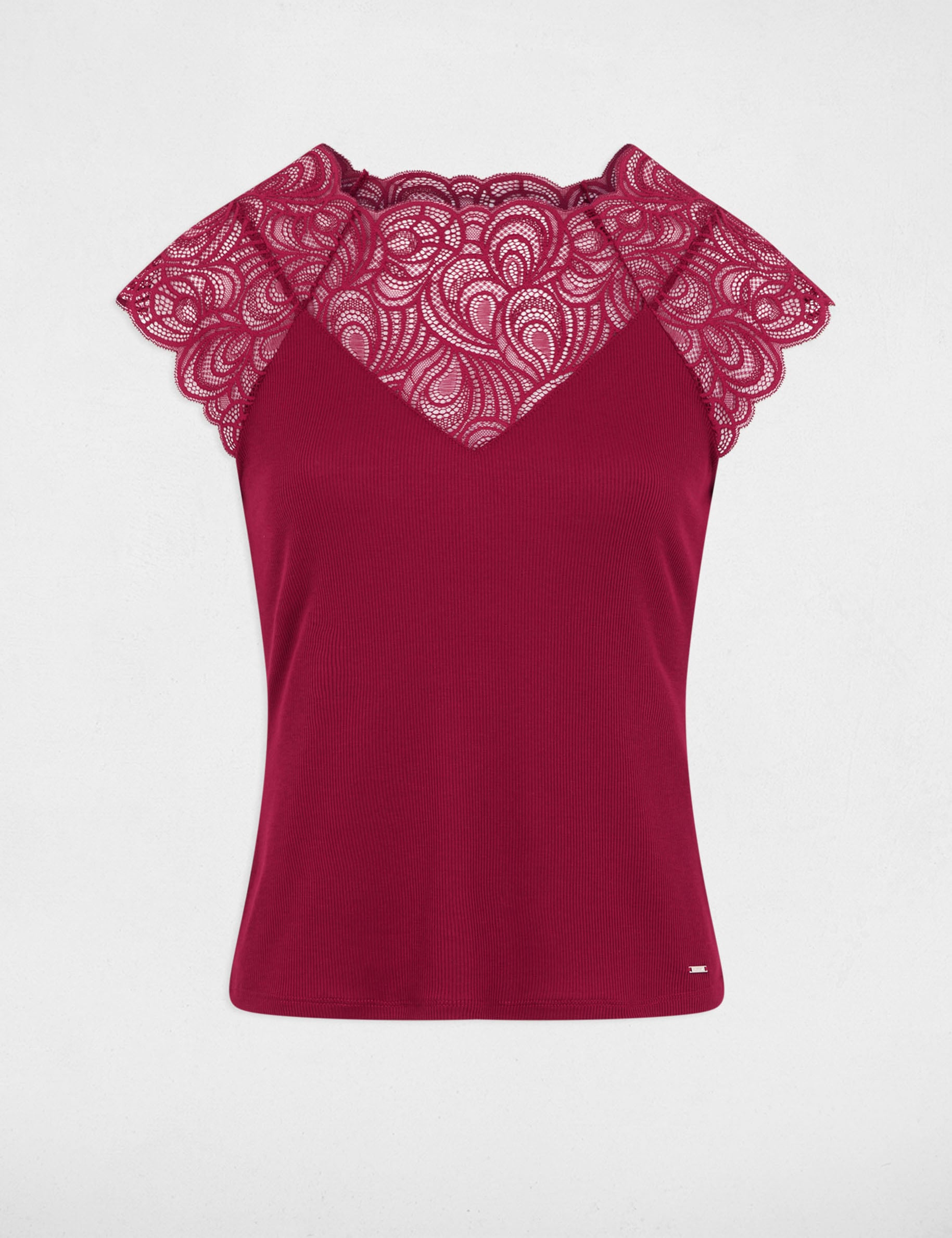 T shirt en dentelle col rond bordeaux femme