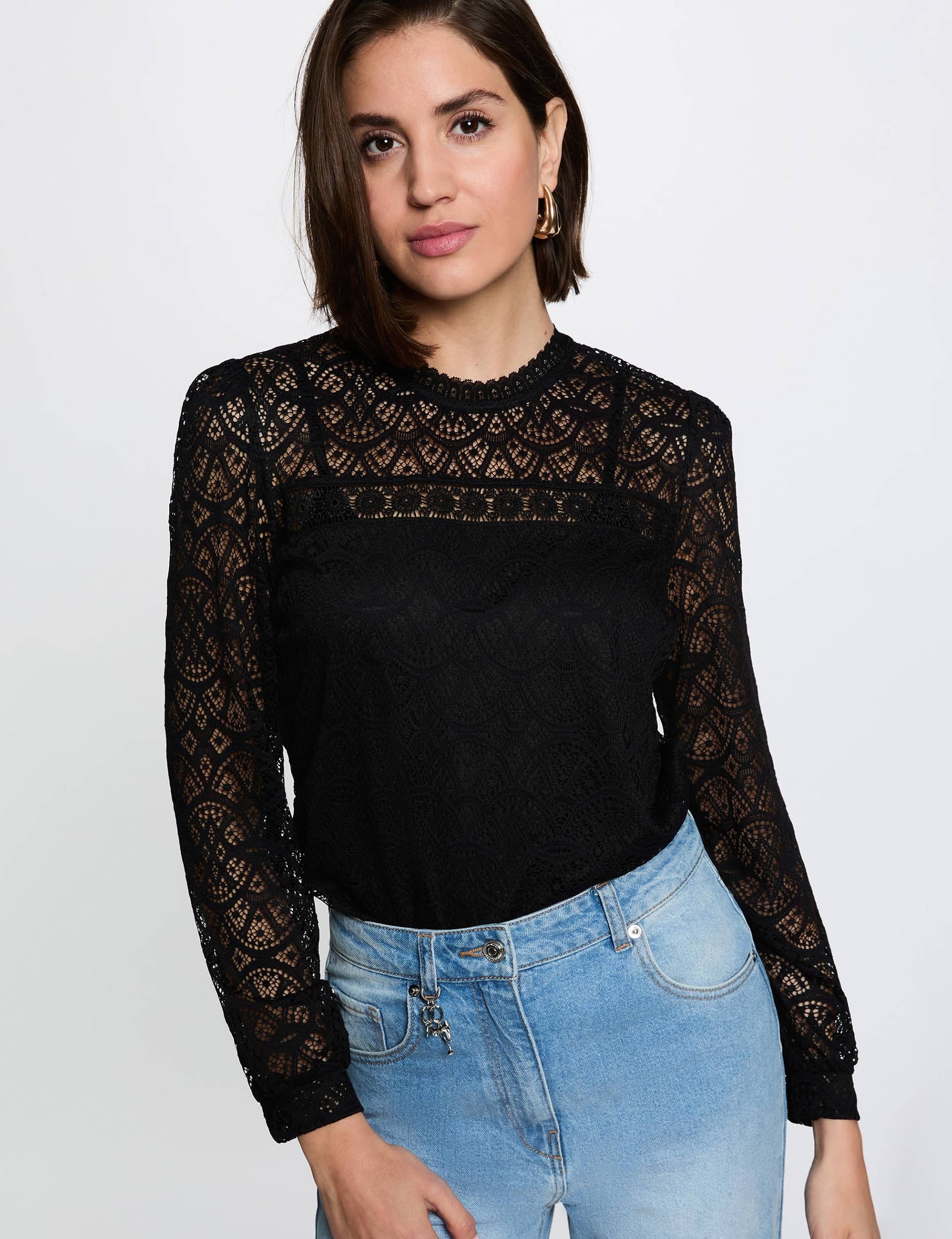 T-shirt dentelle manches longues noir femme