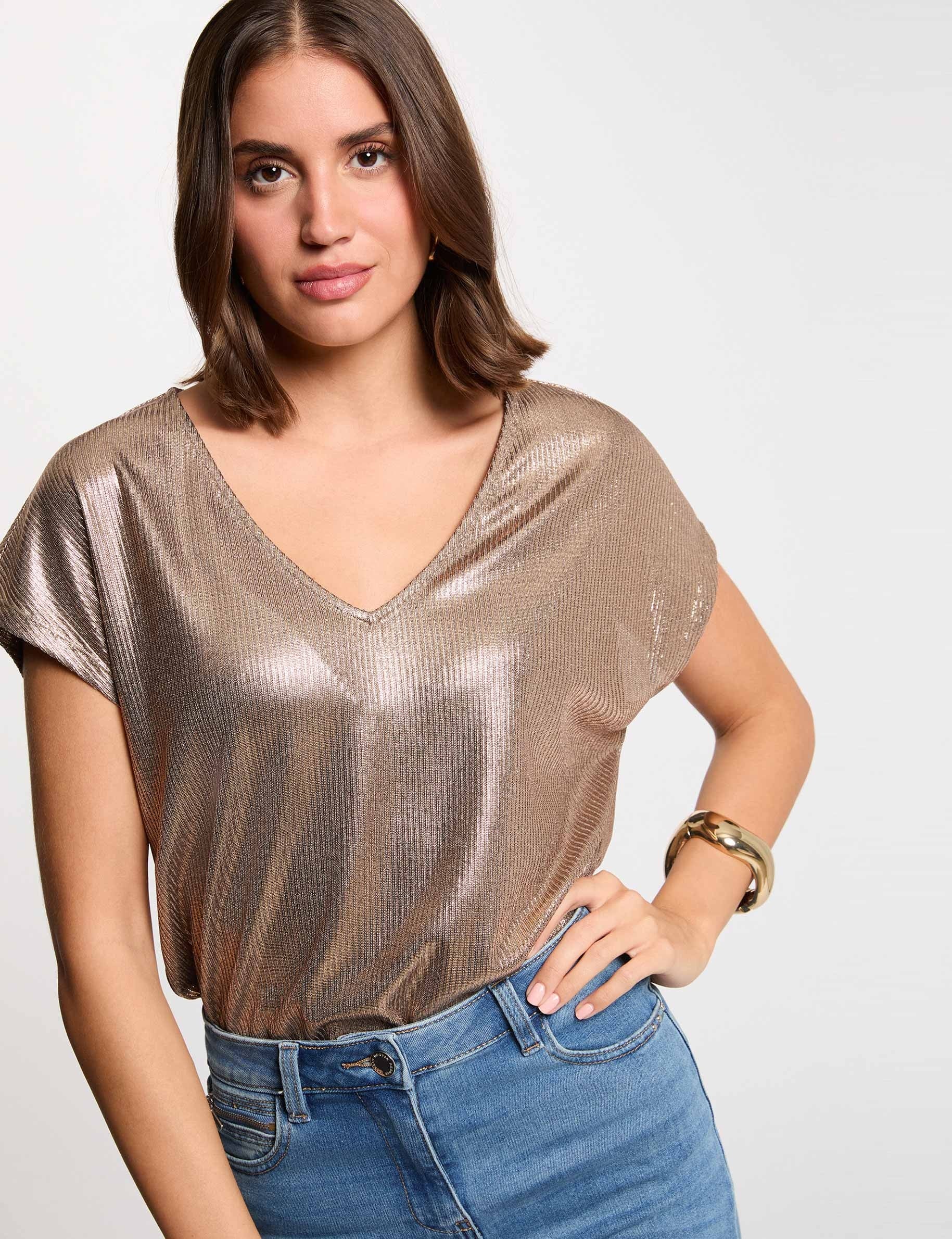 T-shirt col v c&ocirc;tel&eacute; couleur bronze femme