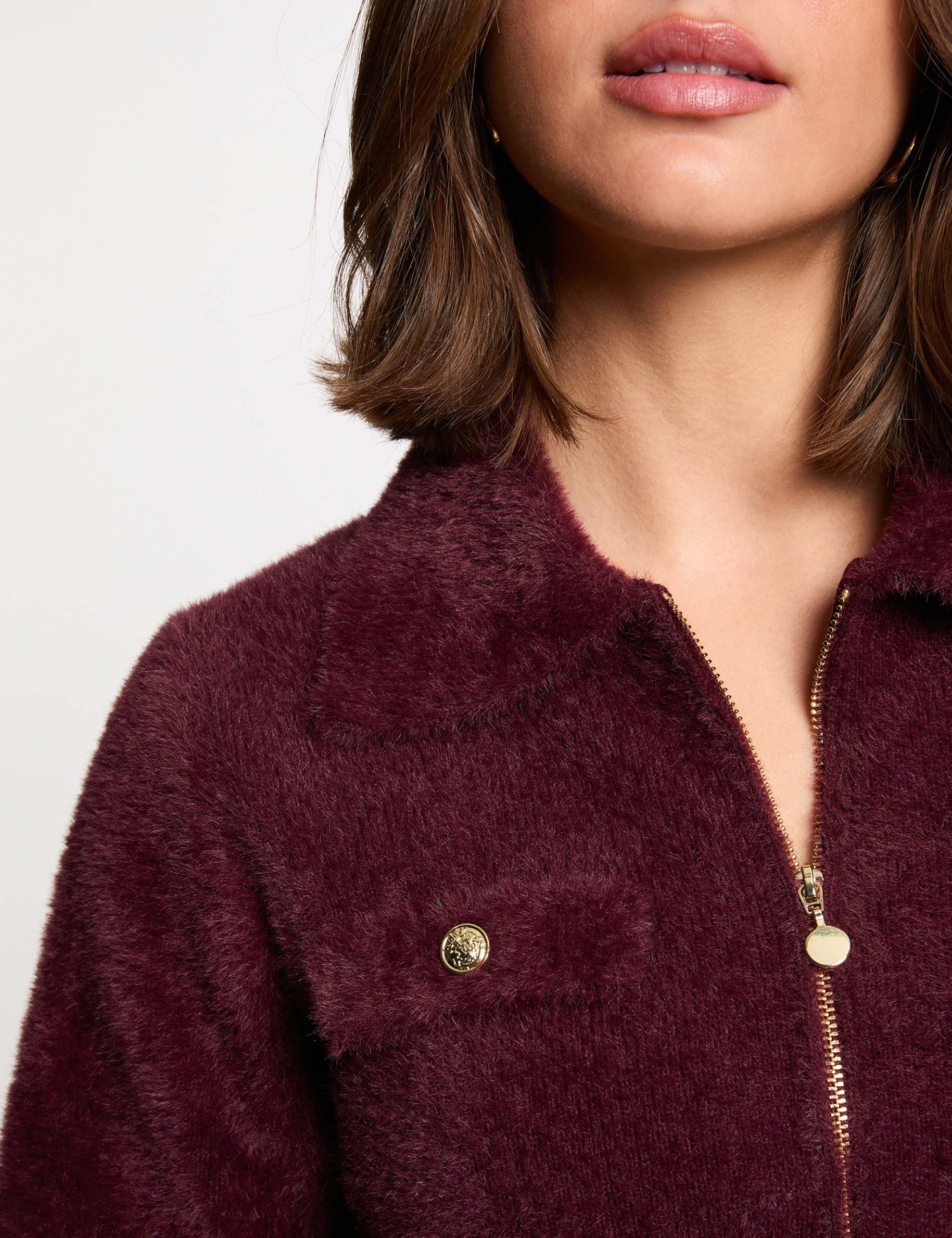 Gilet manches longues col &agrave; revers prune femme