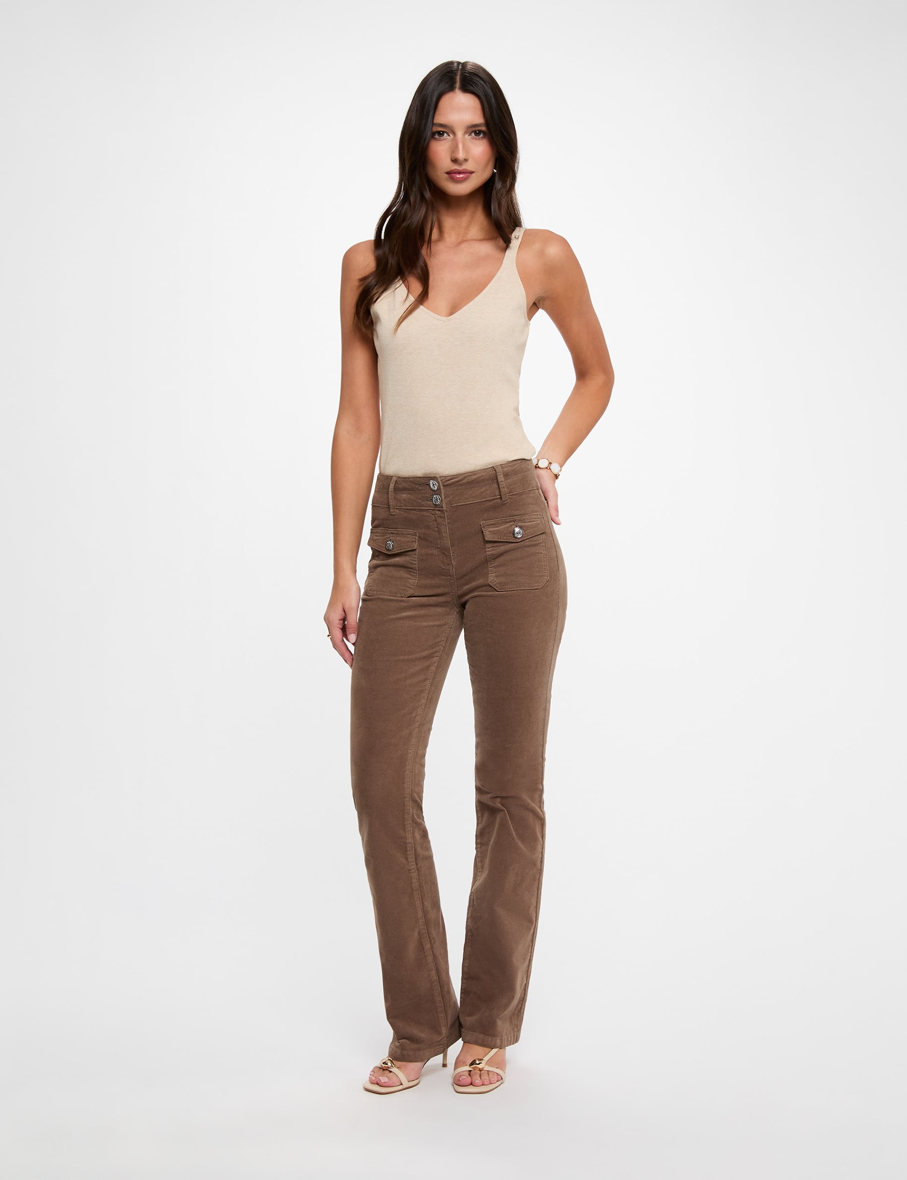 Pantalon ajust&eacute; velours vert kaki femme