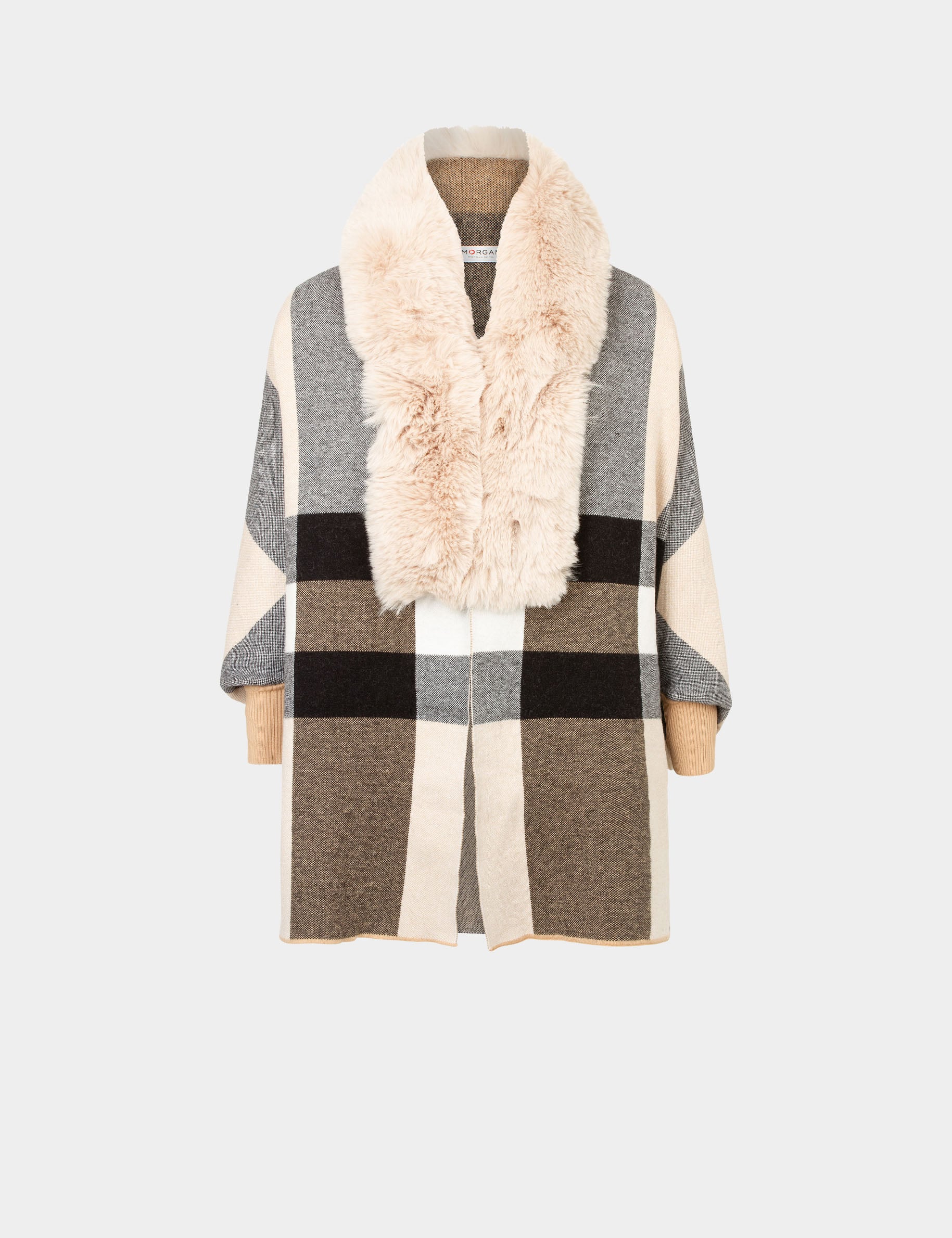 Poncho &agrave; d&eacute;tails imitation fourrure sable femme