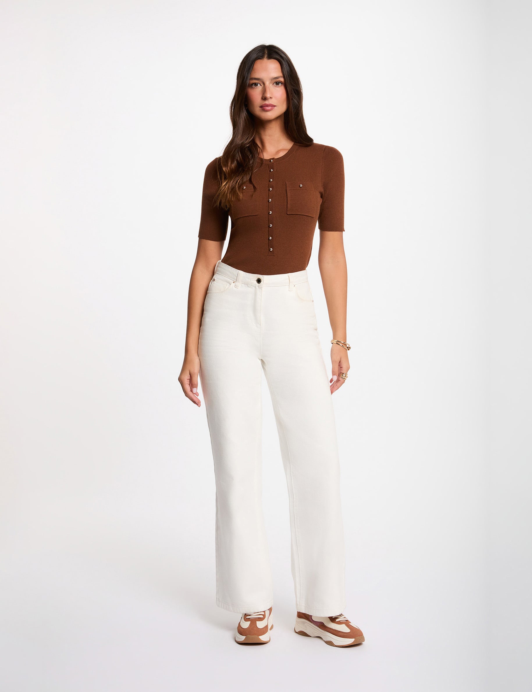 Pull col rond manches courtes marron chocolat femme