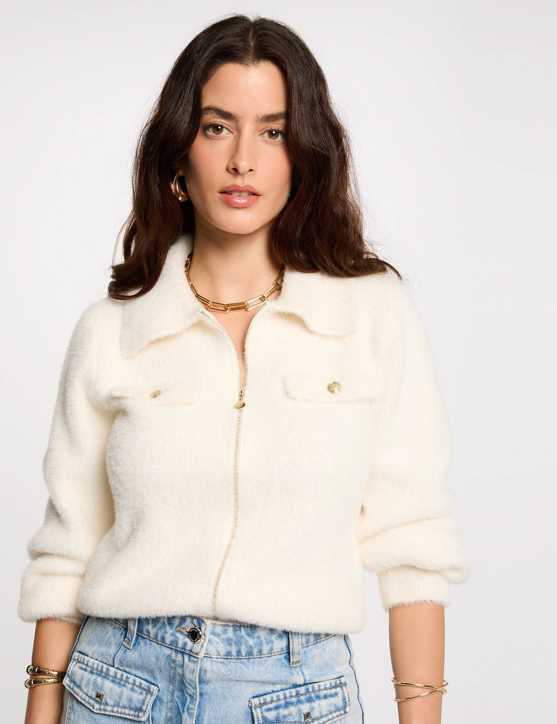 Gilet manches longues col &agrave; revers ivoire femme