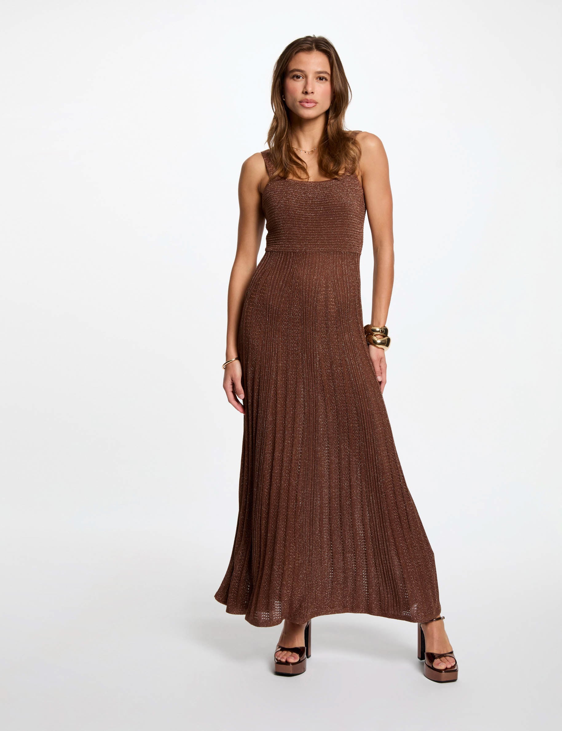 Robe tricot longue droite marron cognac femme