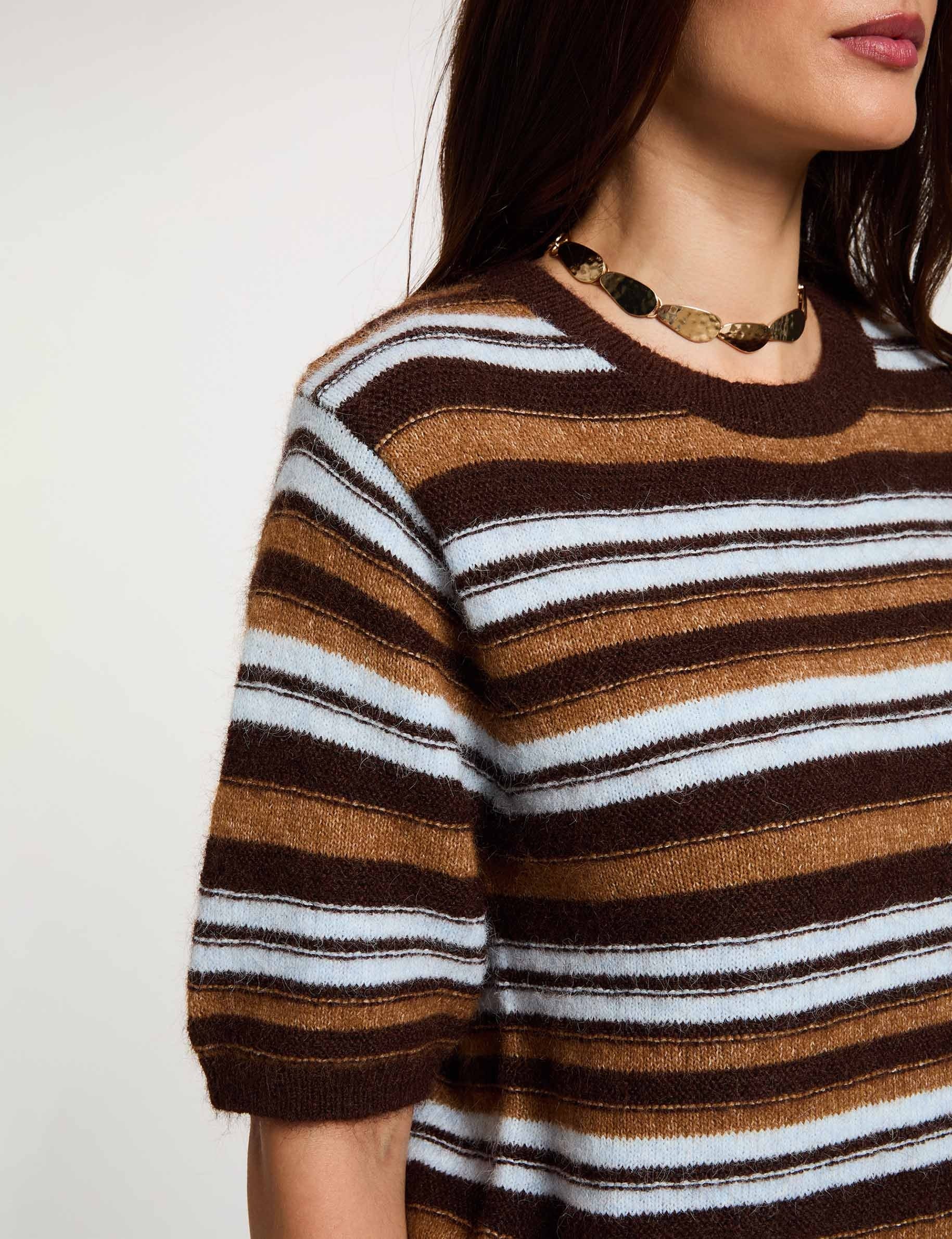Pull manches courtes ray&eacute; marron femme
