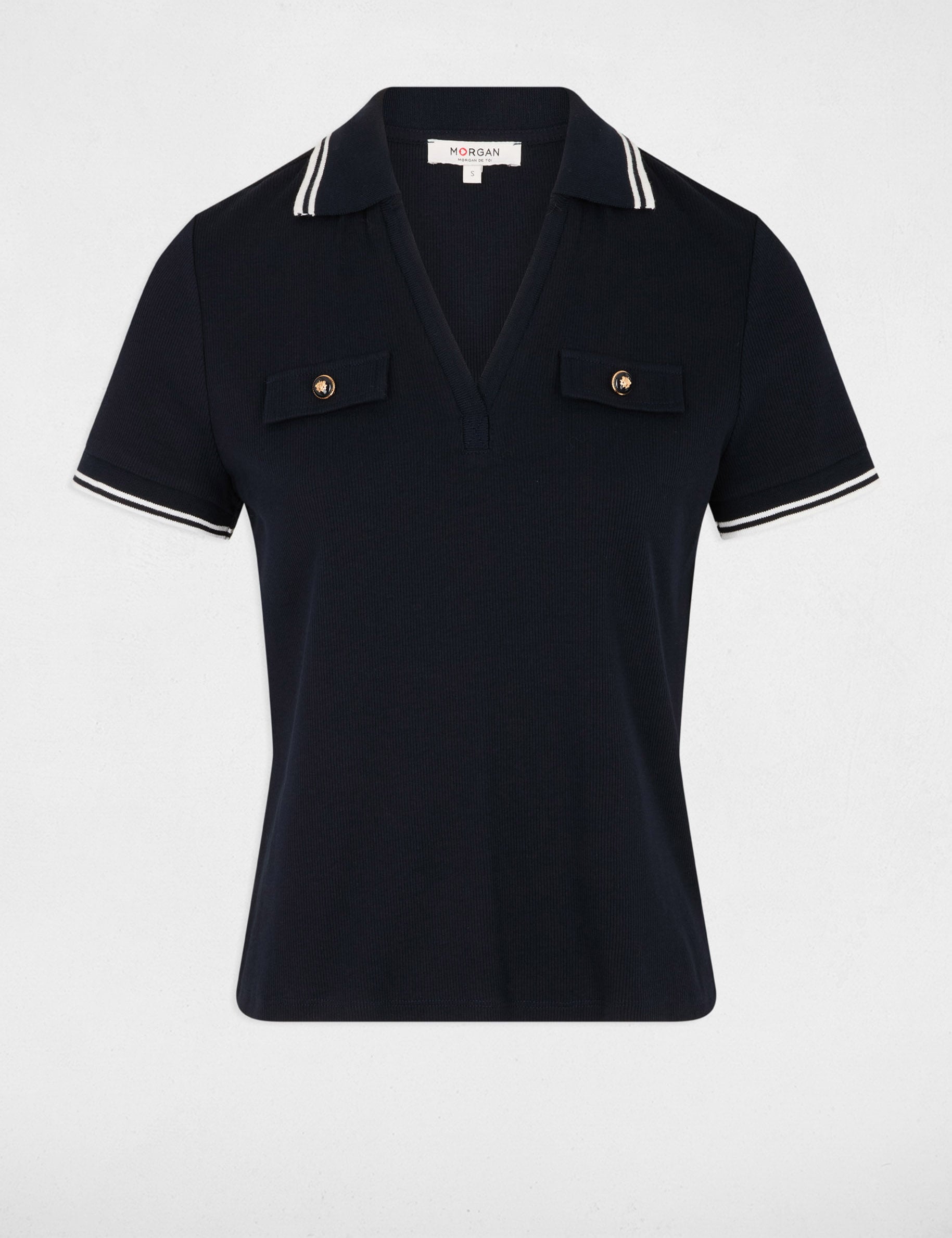 T-shirt polo cintr&eacute; bleu marine femme