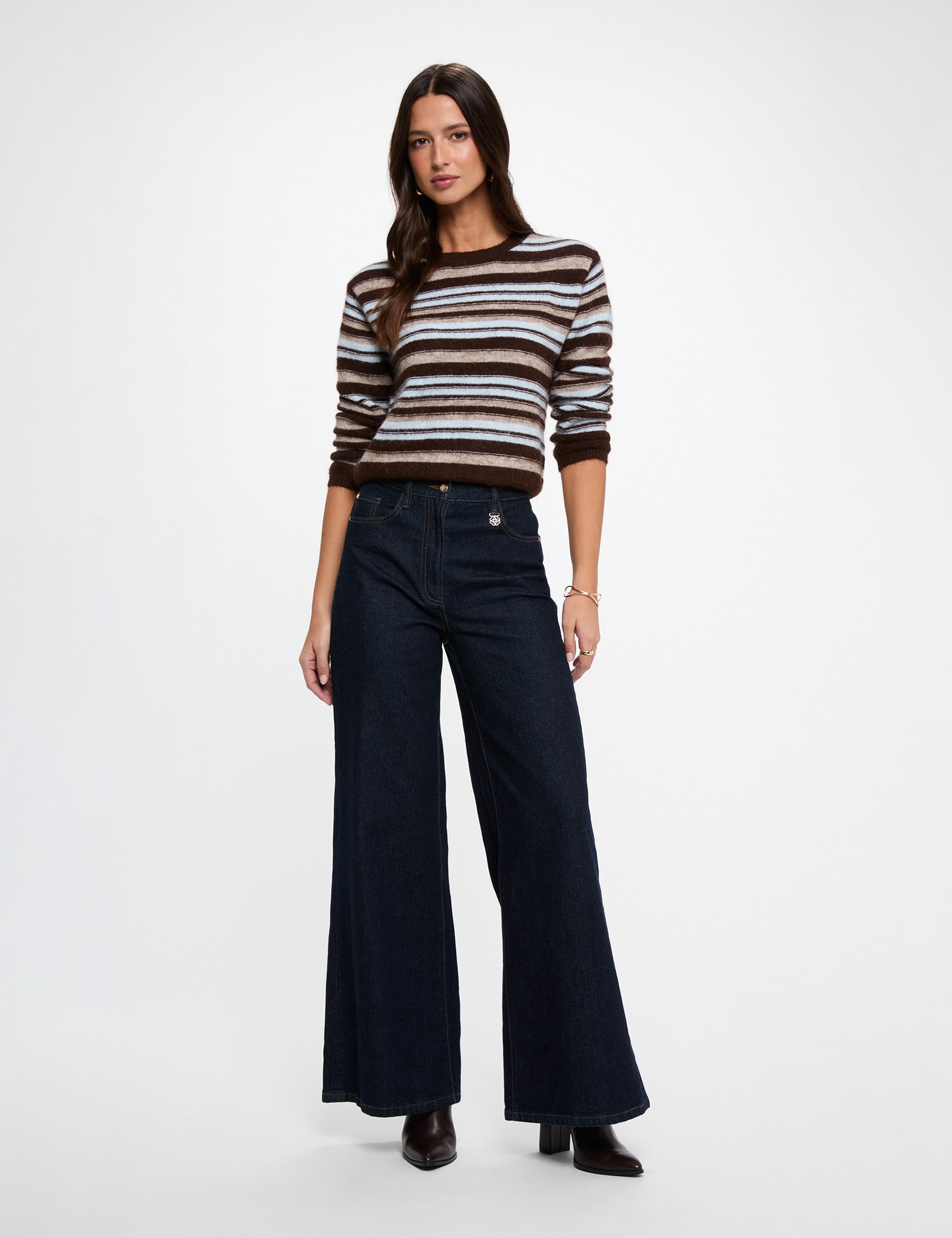 Pull ray&eacute; col rond beige femme
