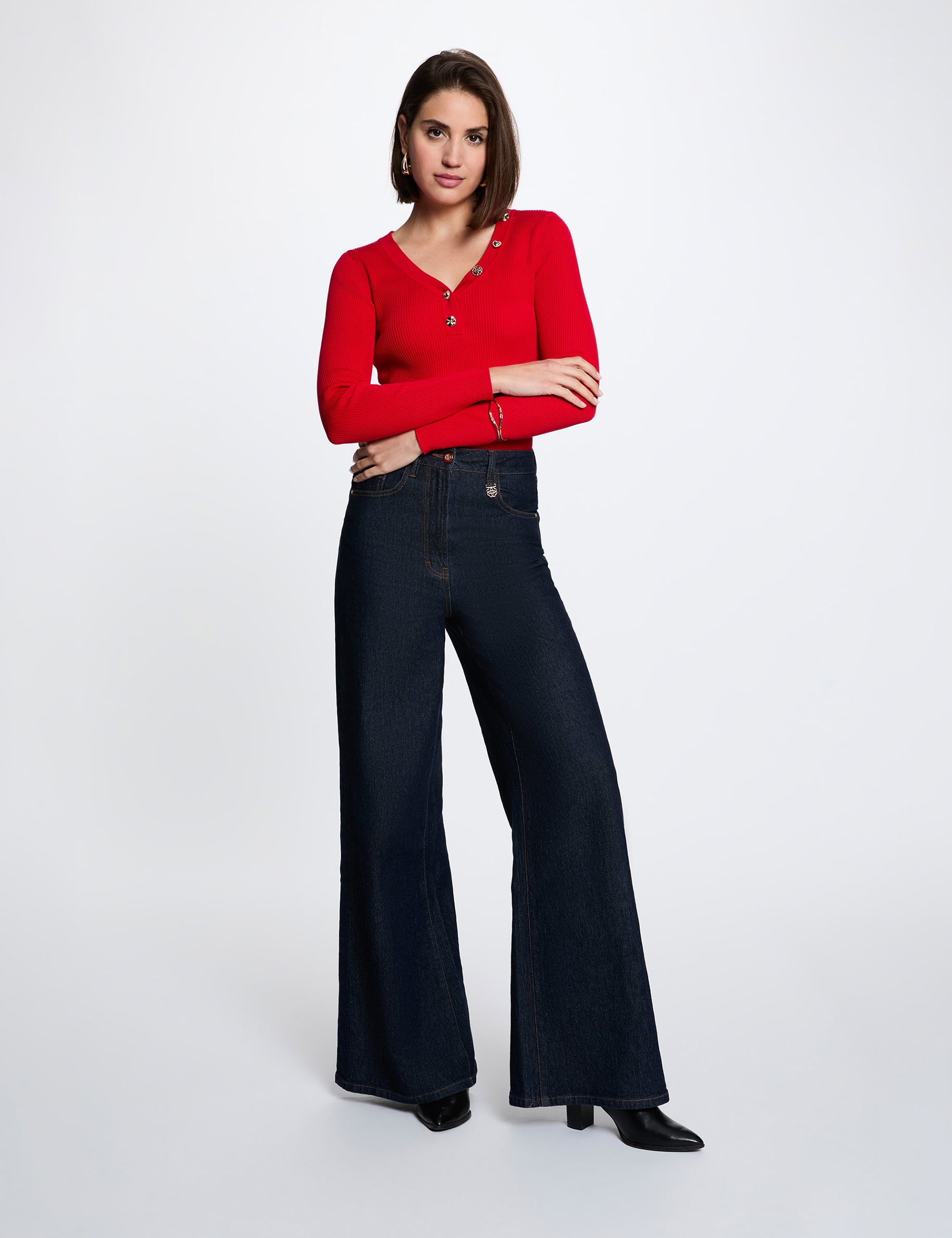 Pull col v fantaisie rouge femme