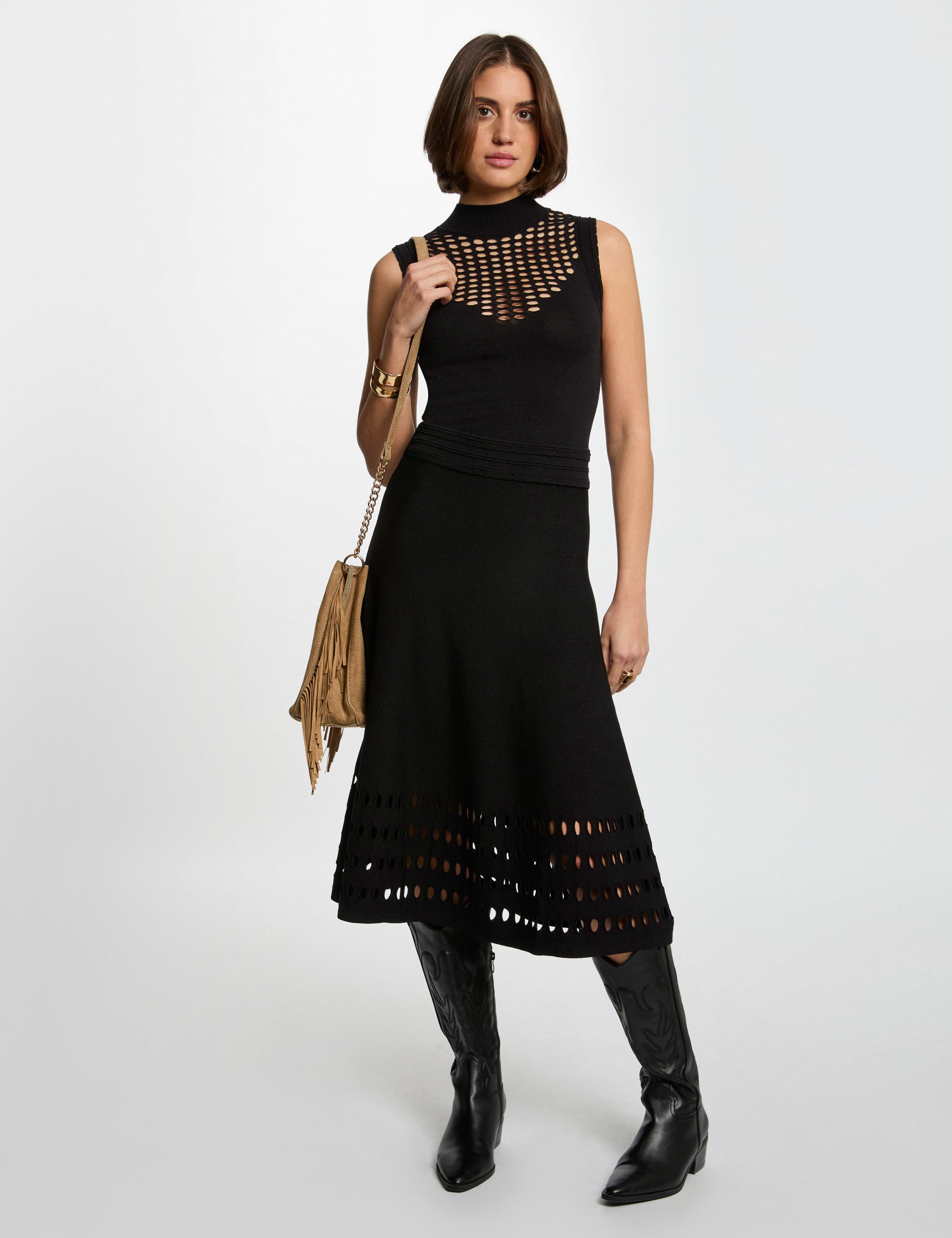Robe tricot longue ajust&eacute;e noir femme