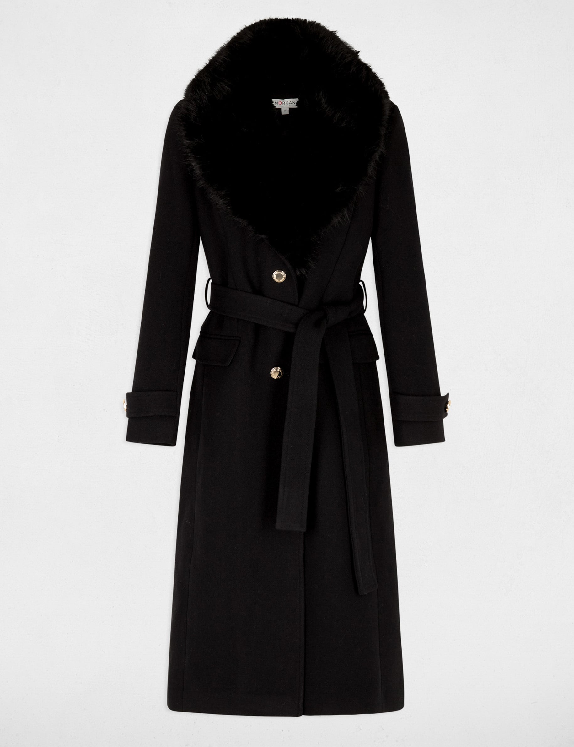 Manteau long ceintur&eacute; noir femme