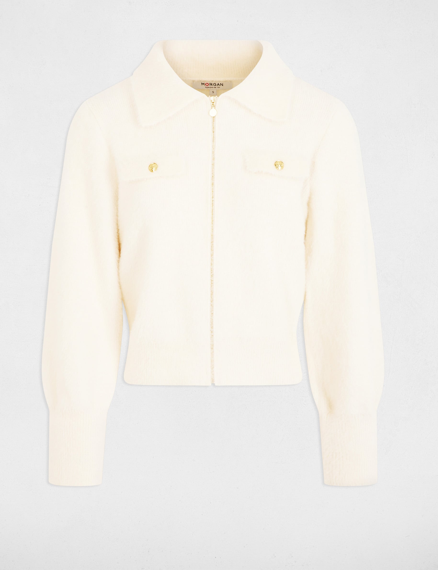 Gilet manches longues col &agrave; revers ivoire femme