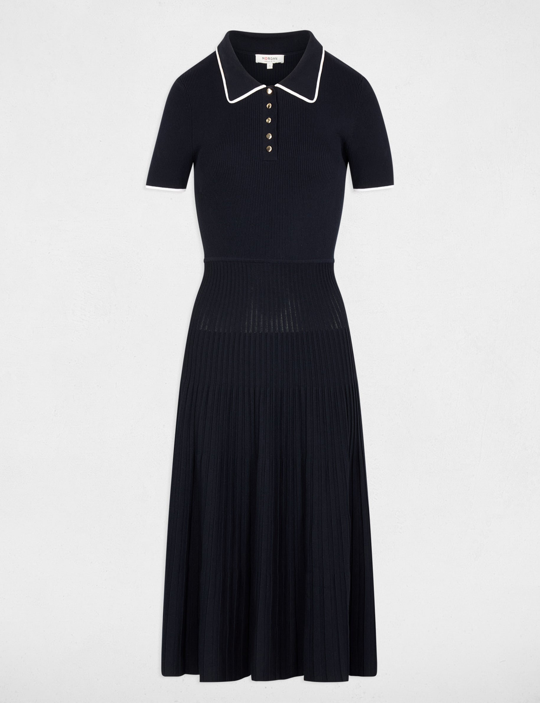Robe tricot col &agrave; revers bleu marine femme
