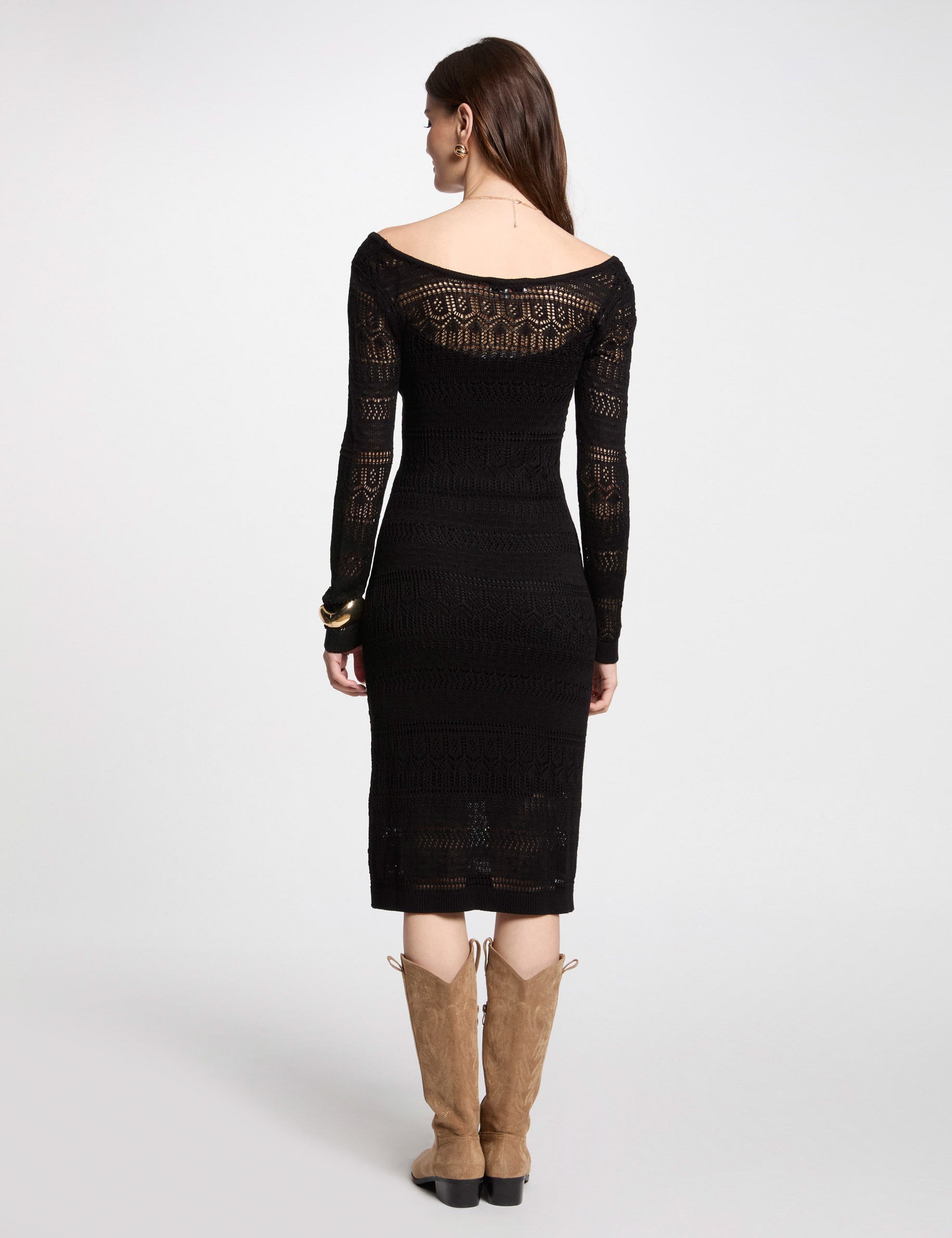 Robe tricot longue ajust&eacute;e noir femme