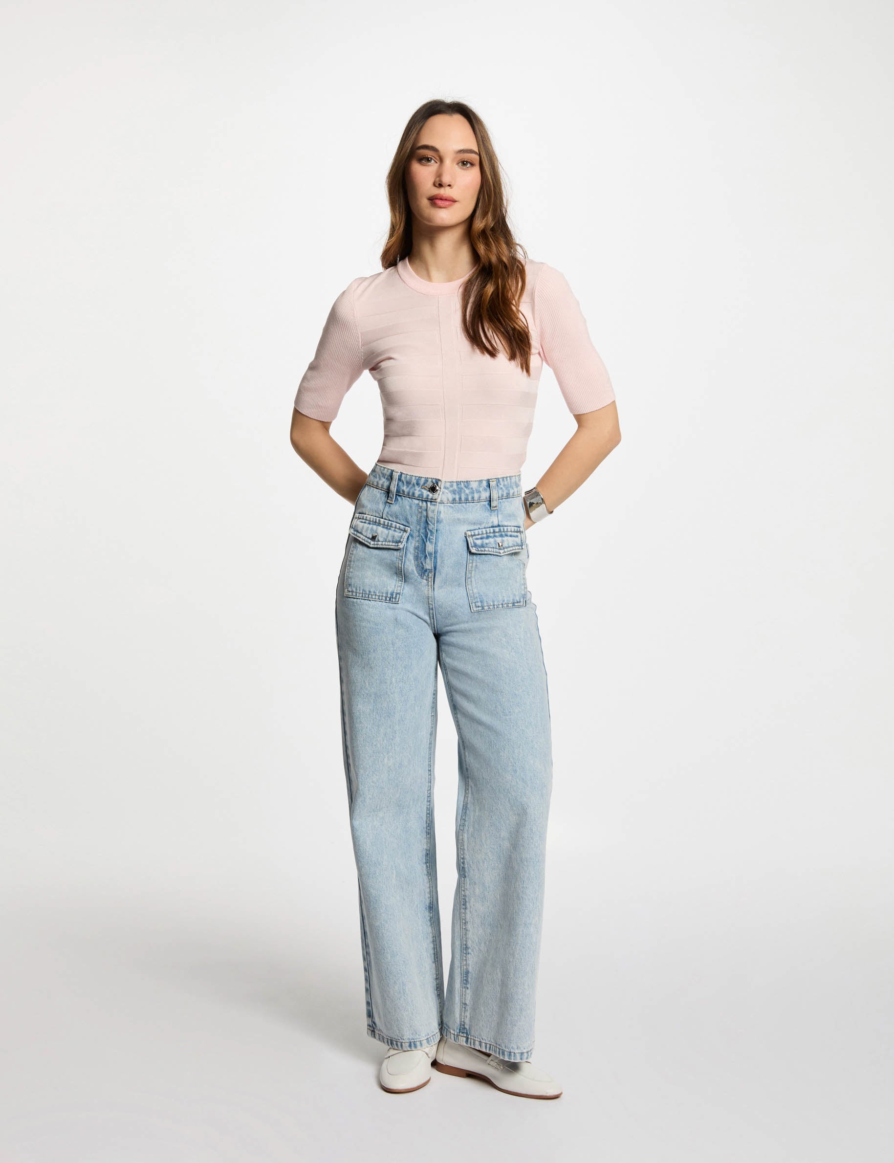 Pull col rond manches courtes rose clair femme