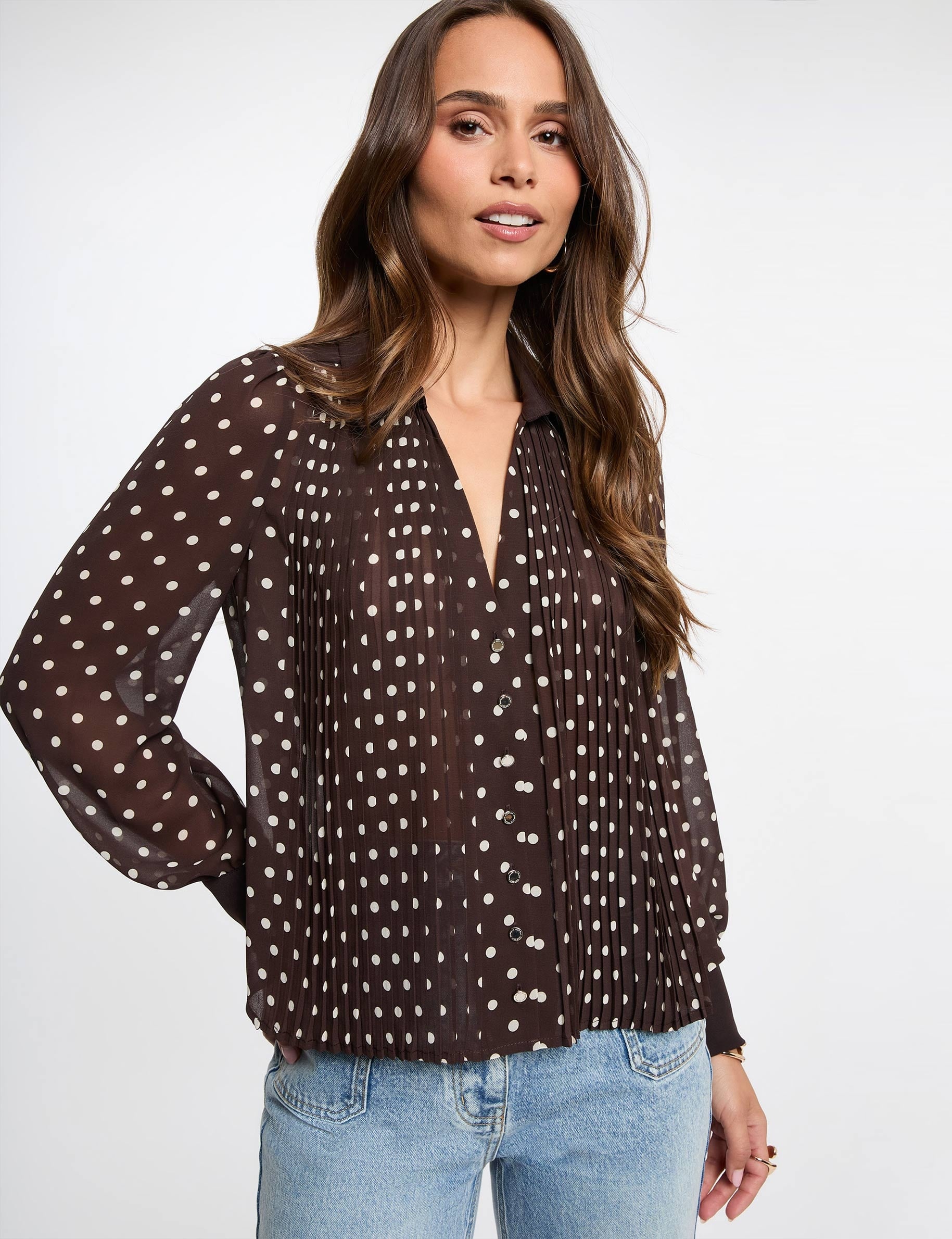 Chemise manches longues &agrave; pois marron fonc&eacute; femme