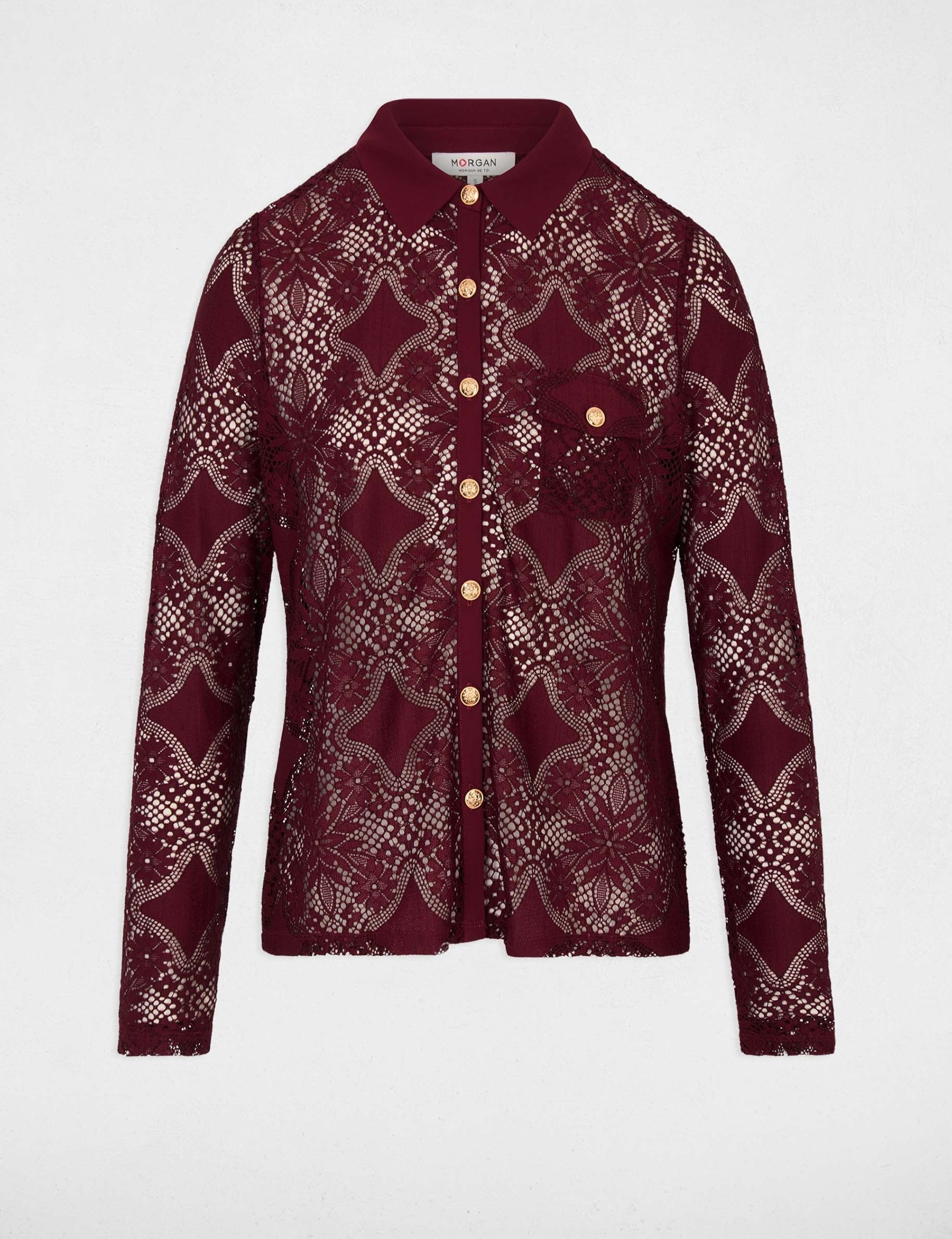 Chemise dentelle col &agrave; revers bordeaux femme