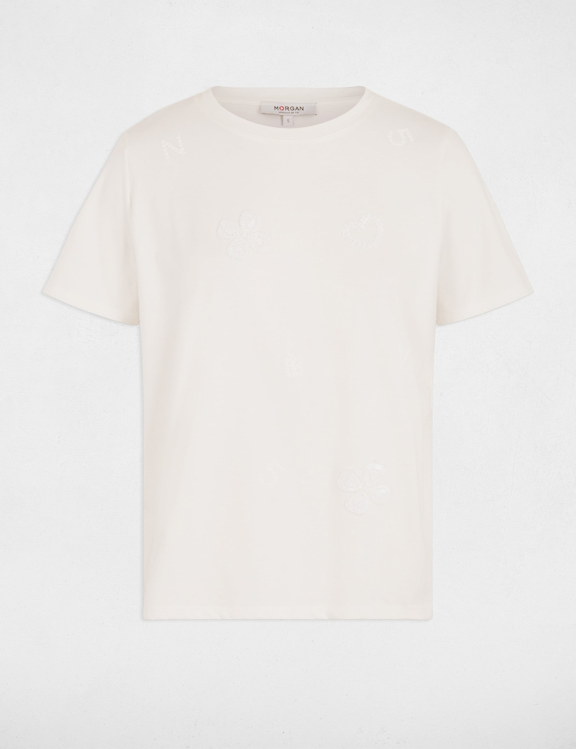 T-shirt brod&eacute; col rond blanc femme
