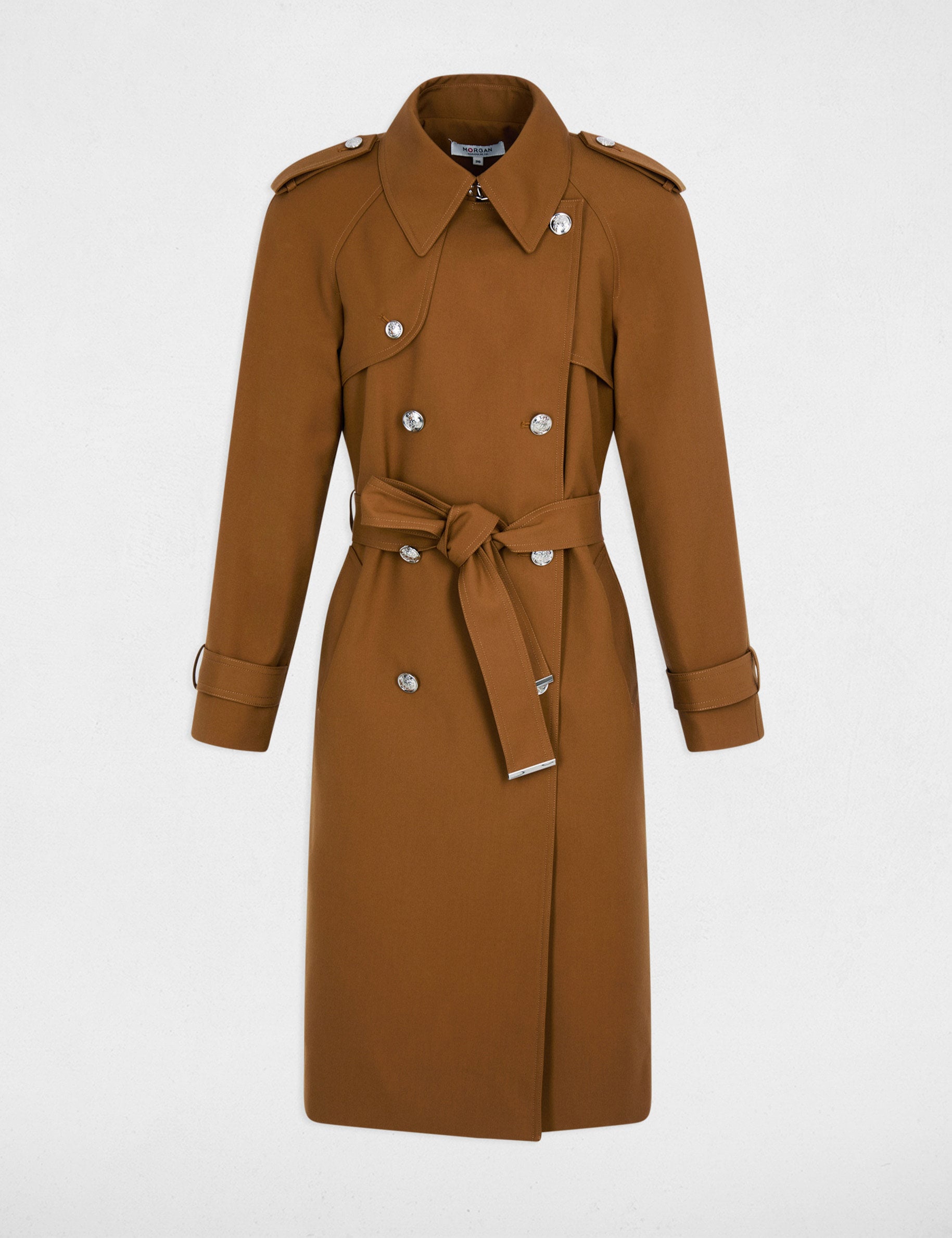 Trench long ceintur&eacute; camel femme