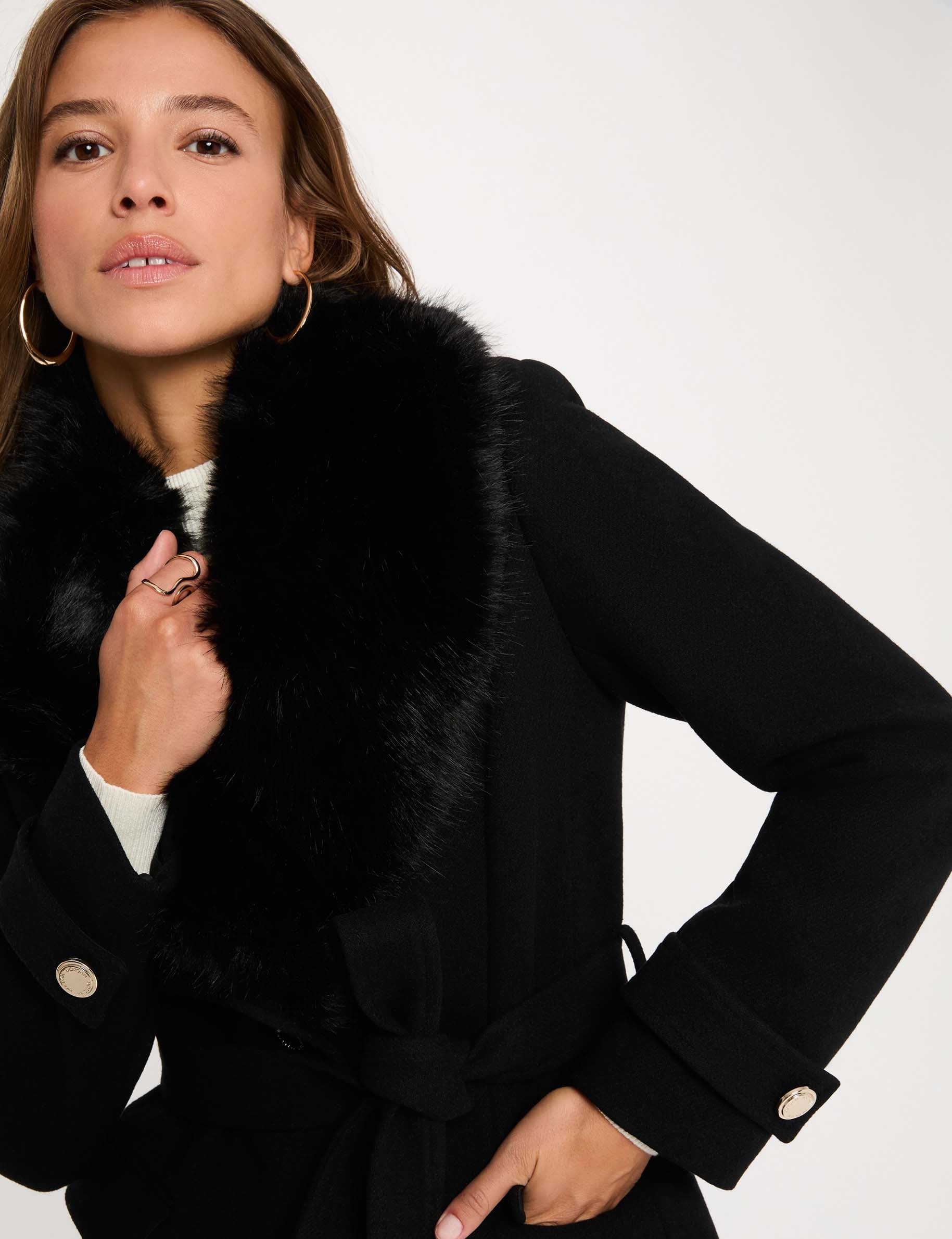 Manteau long ceintur&eacute; noir femme