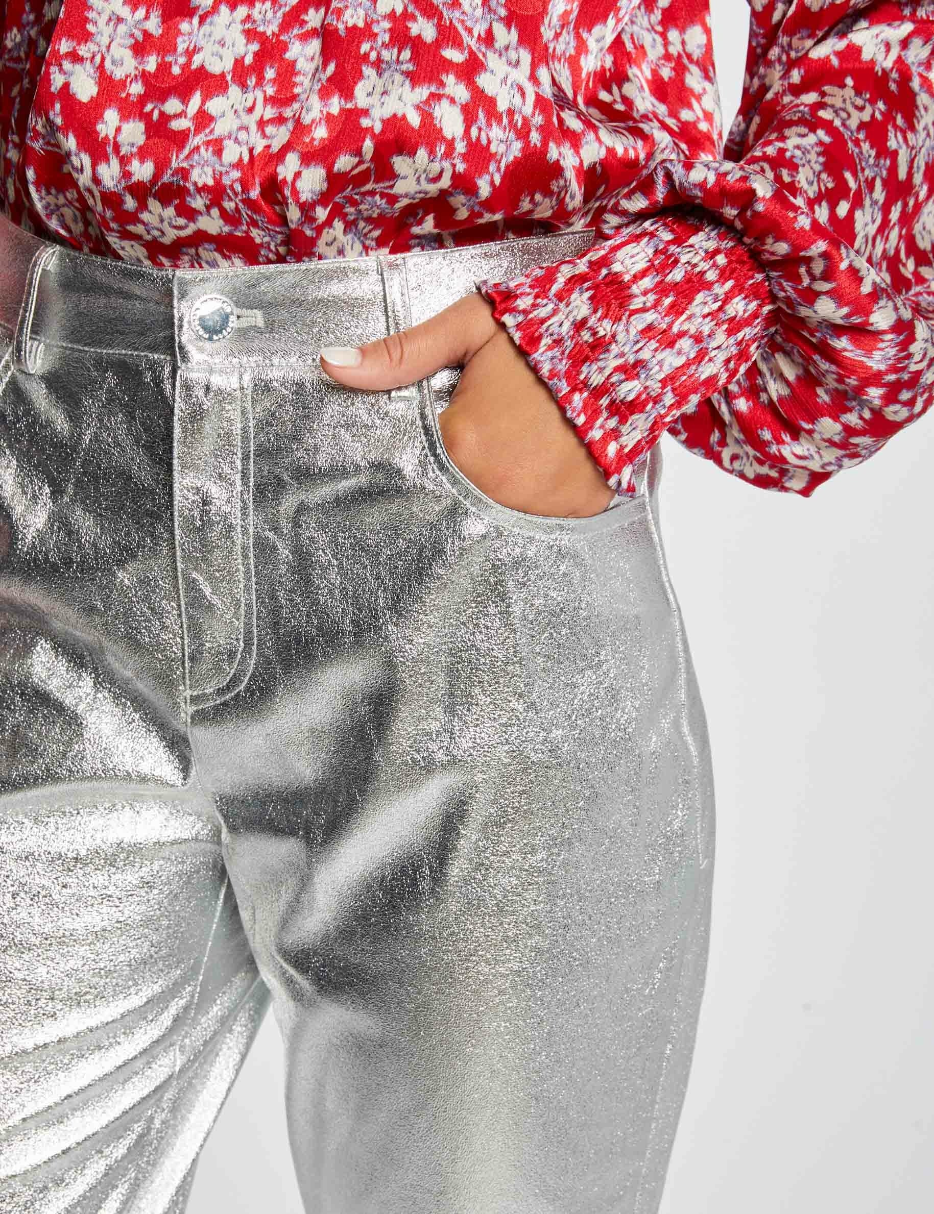 Pantalon droit simili cuir m&eacute;tallis&eacute; argente femme