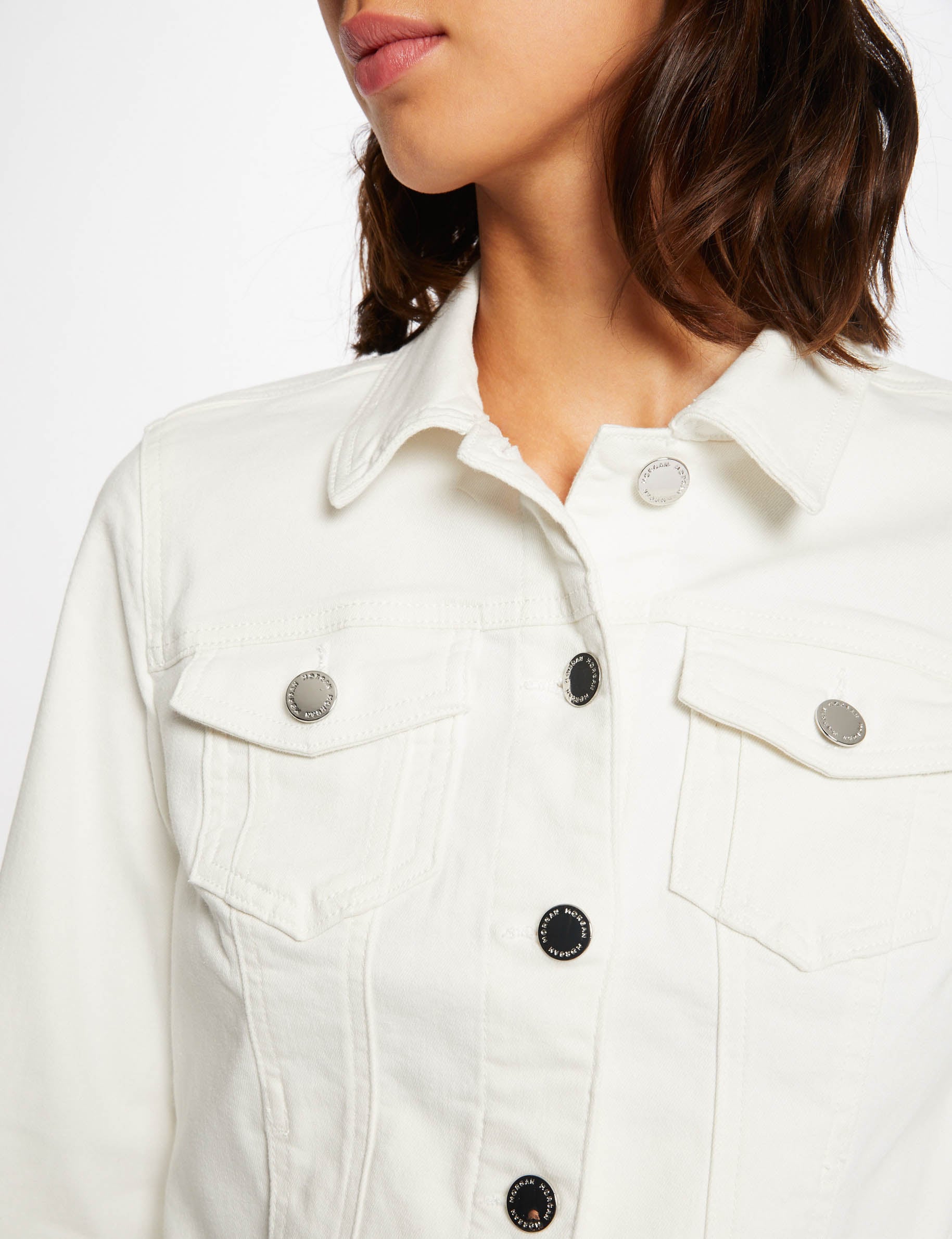 Veste droite boutonn&eacute;e en jean ivoire femme