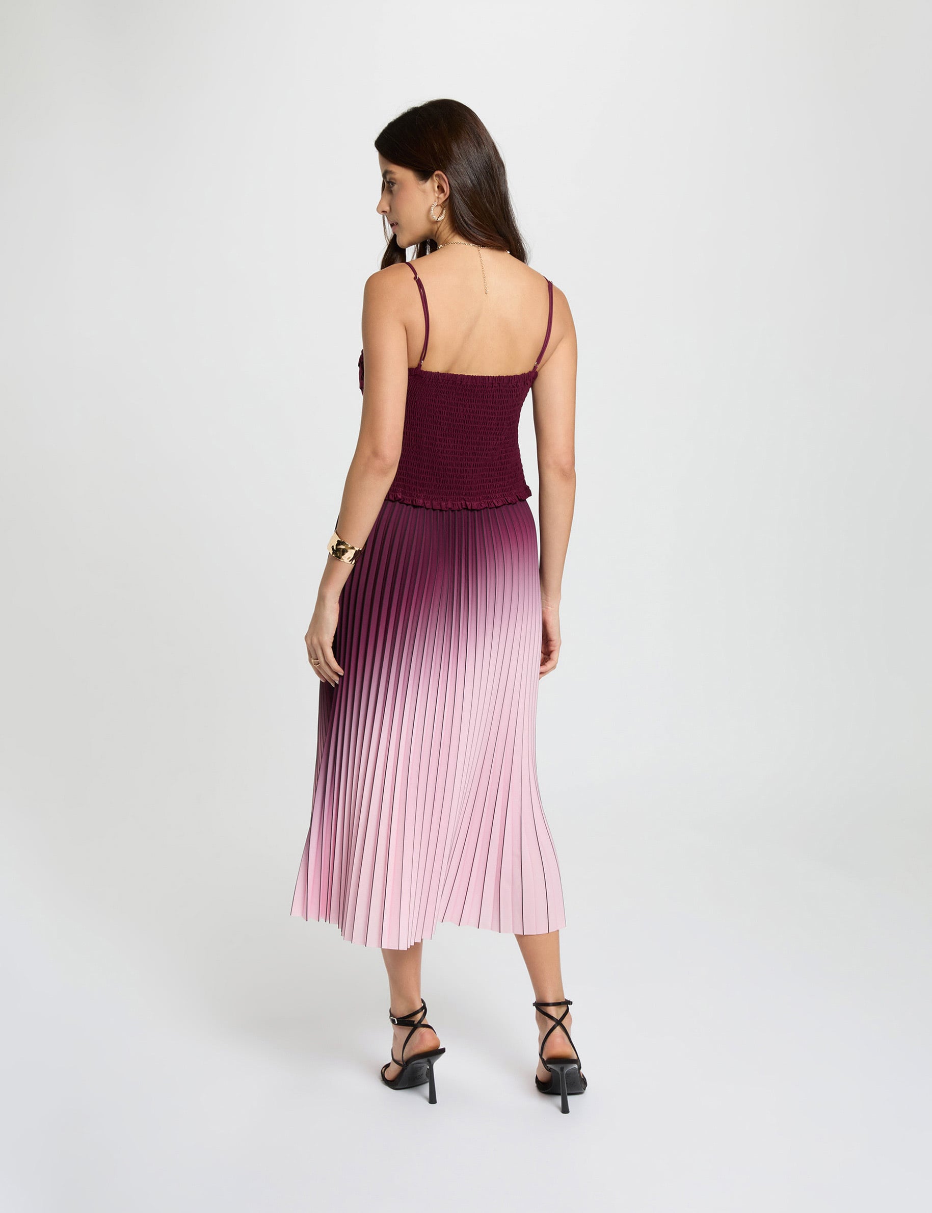 Jupe longue pliss&eacute;e prune femme