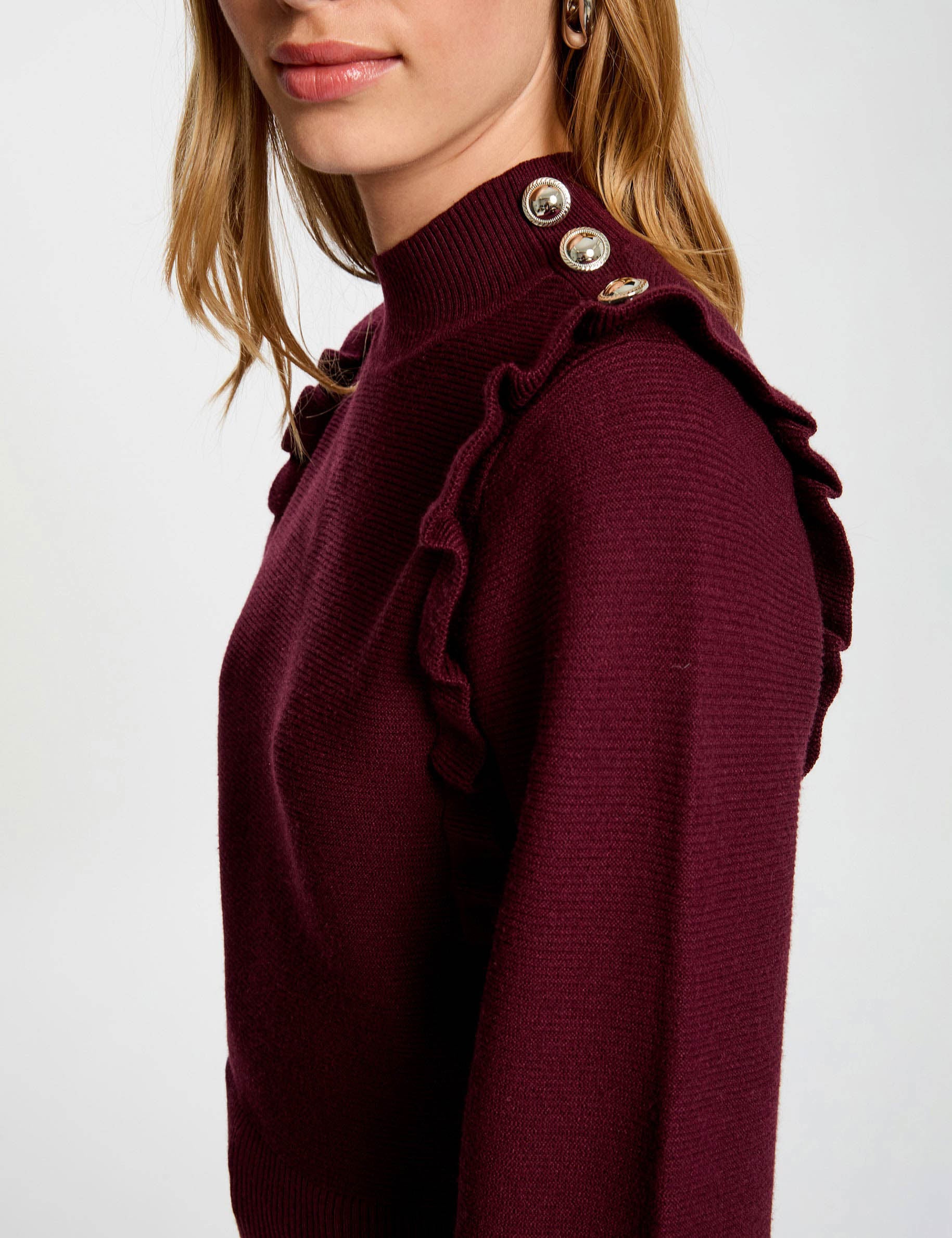 Pull manches longues avec volants prune femme