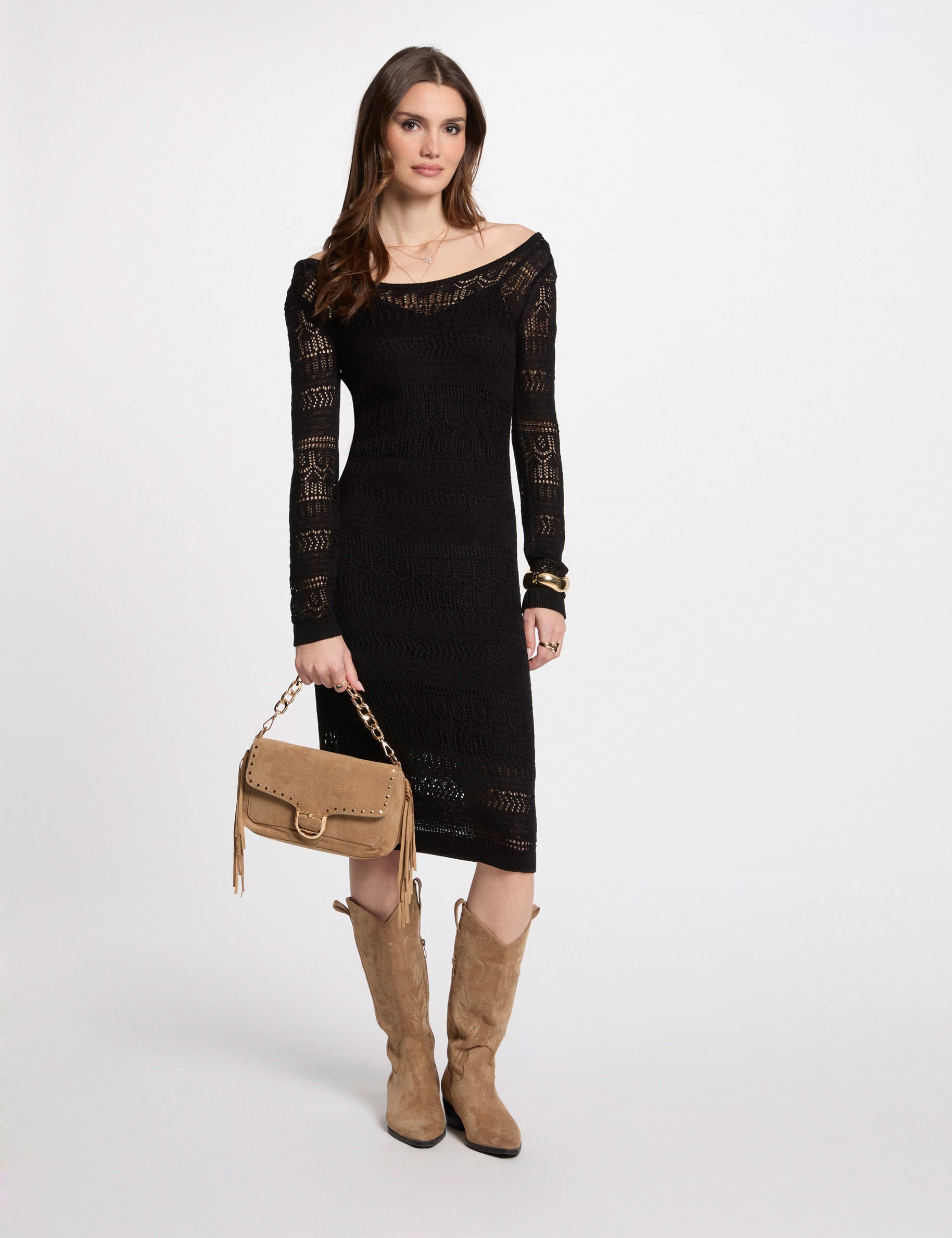 Robe tricot longue ajust&eacute;e noir femme