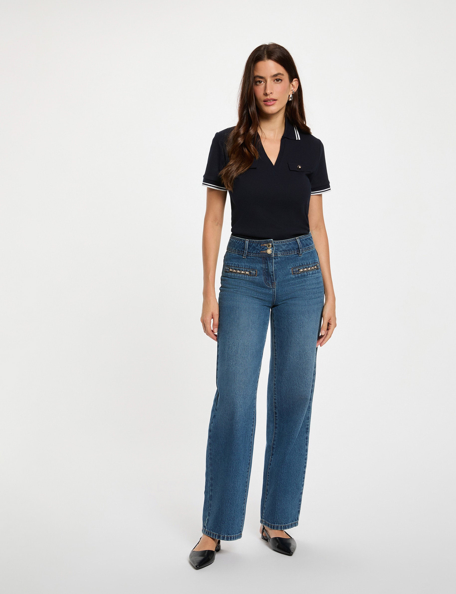 T-shirt polo cintr&eacute; bleu marine femme