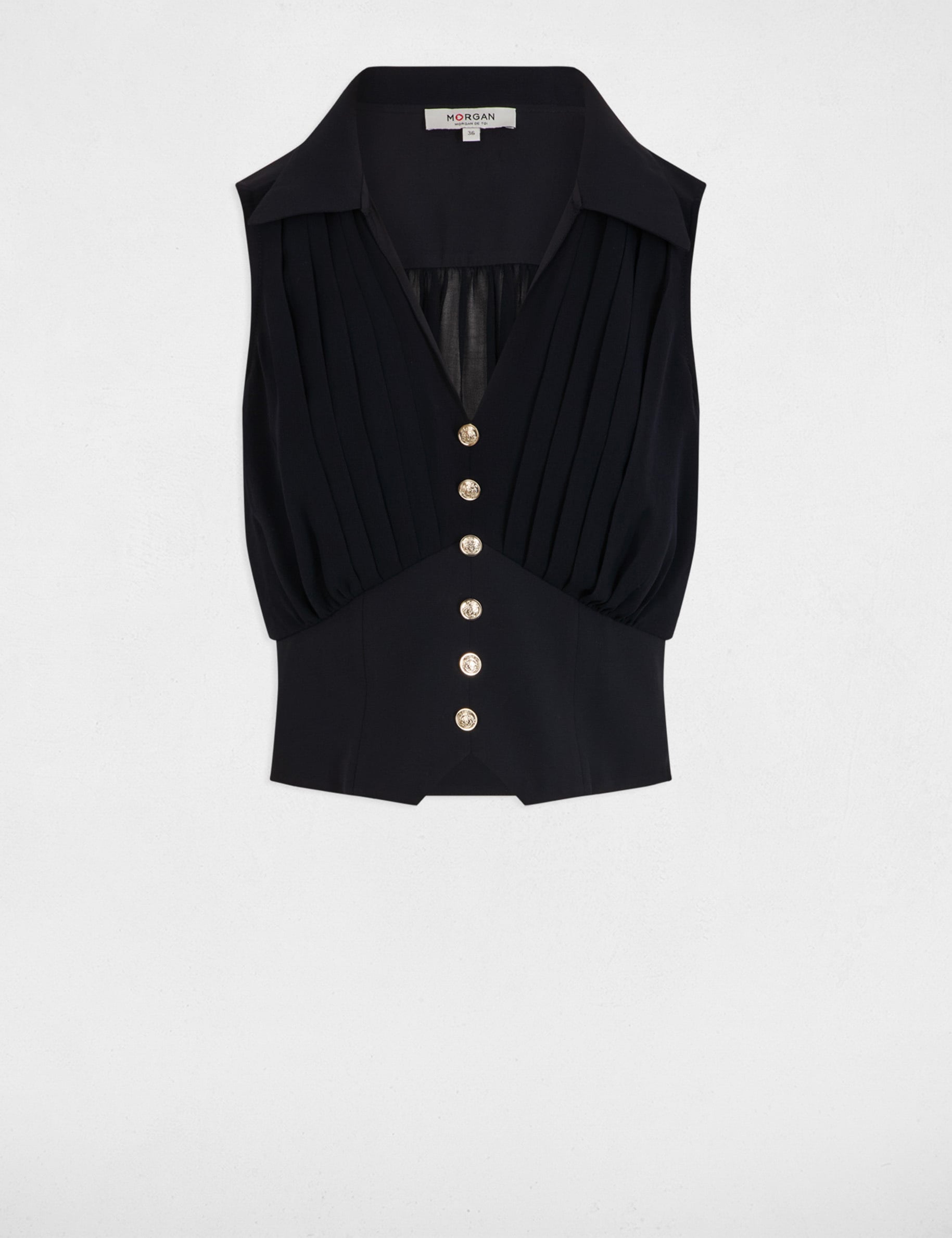 Top pliss&eacute; sans manches bleu marine femme