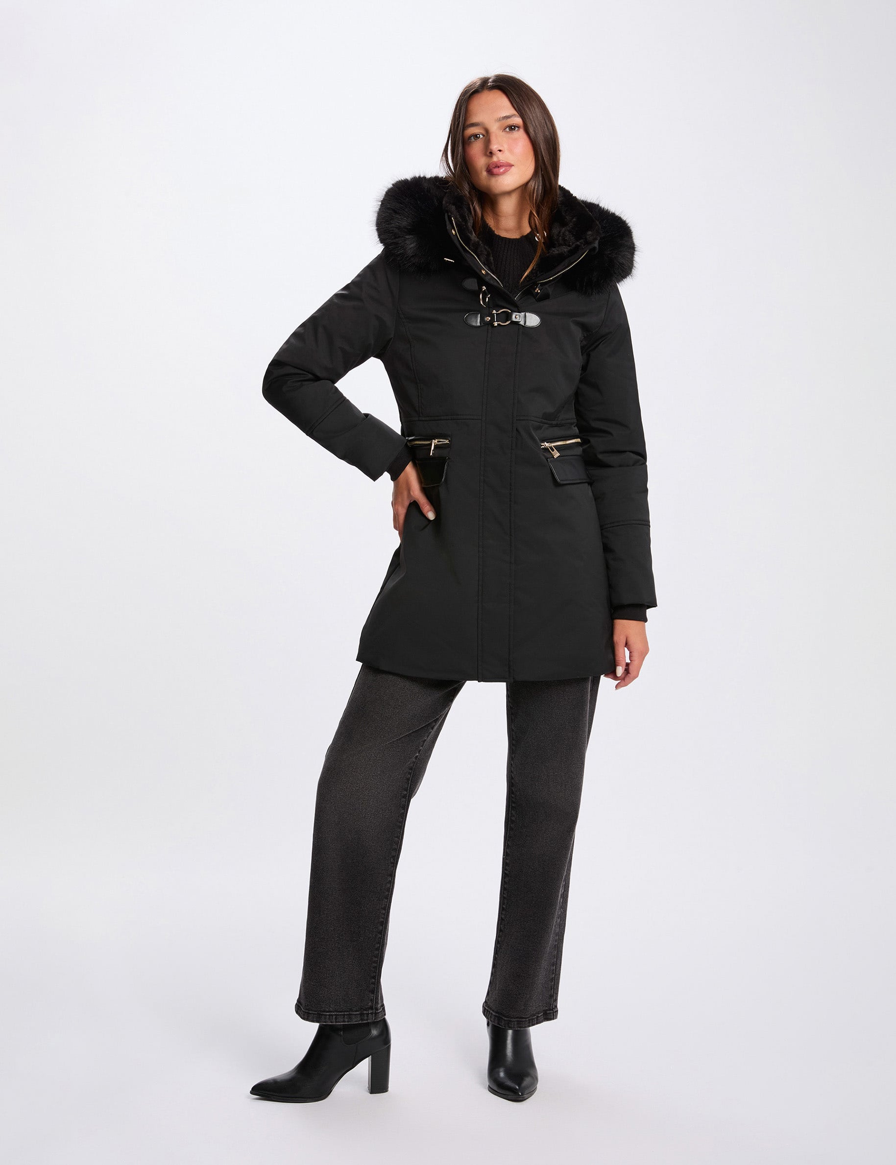 Parka droite mi-longue noir femme